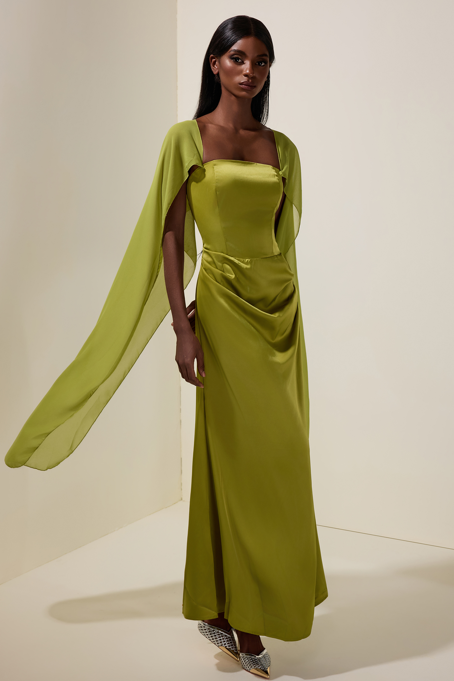 Satin Cape Sleeve Square Collar Midi Dress