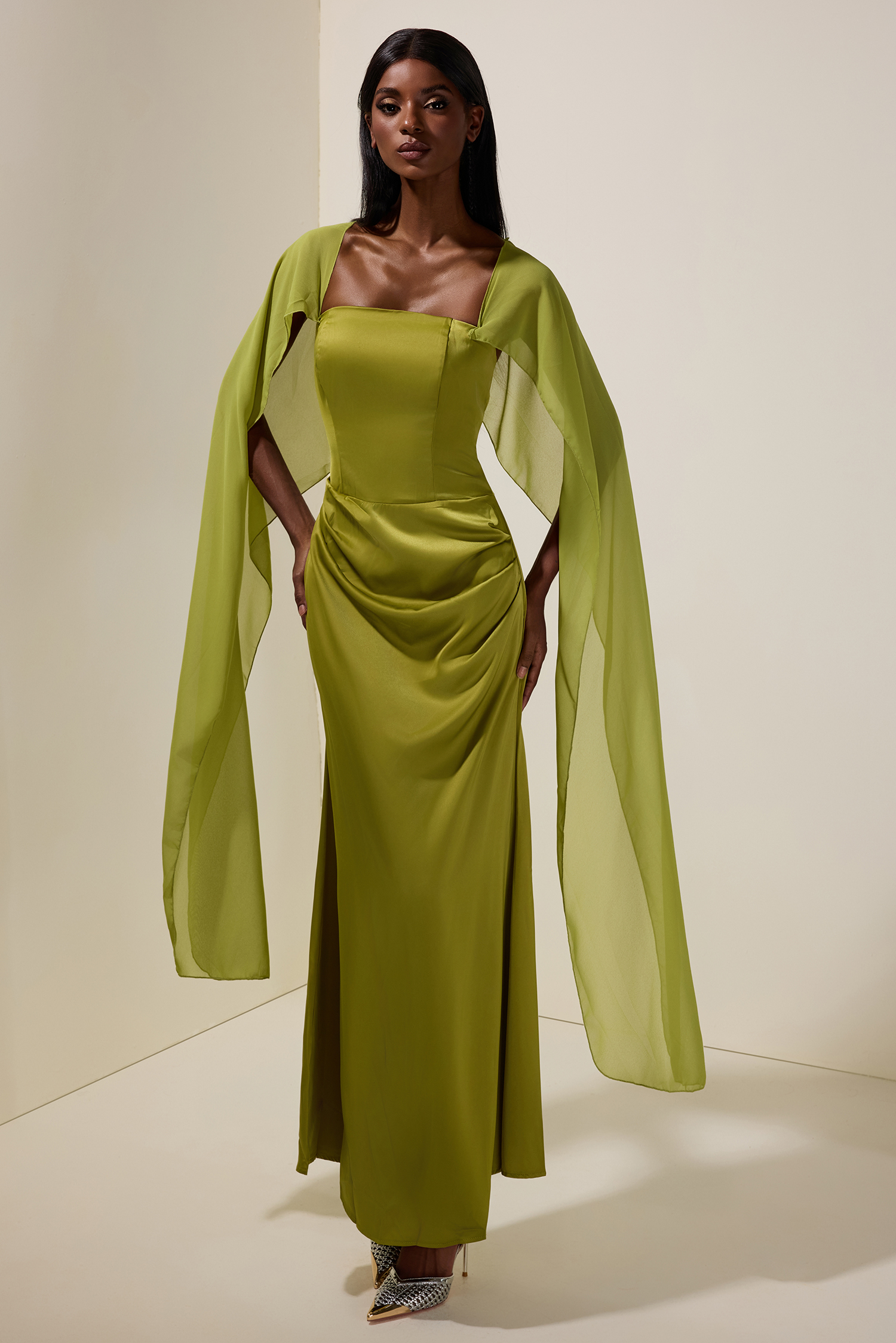 Satin Cape Sleeve Square Collar Midi Dress