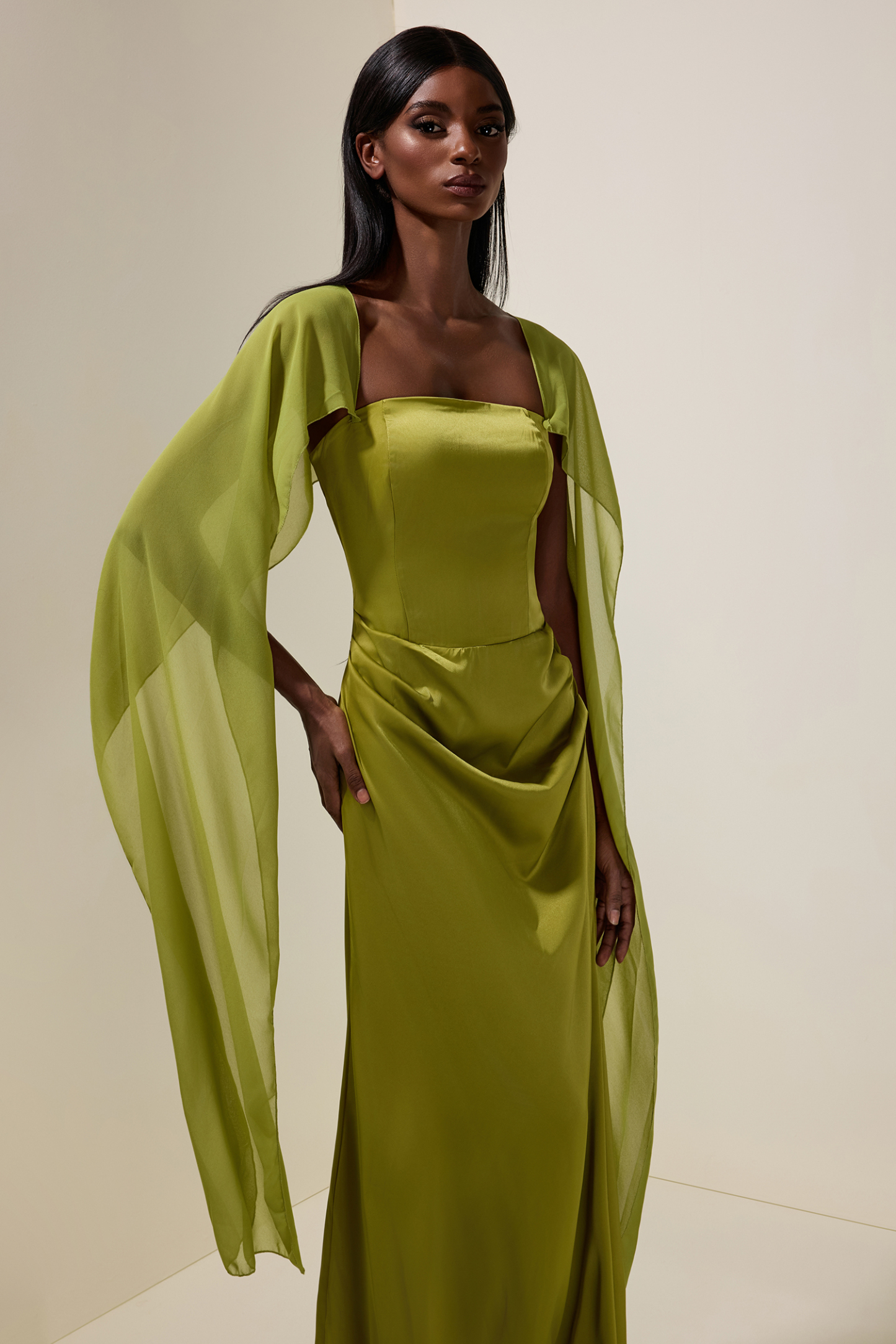 Satin Cape Sleeve Square Collar Midi Dress