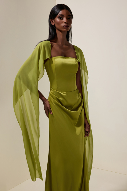 Satin Cape Sleeve Square Collar Midi Dress