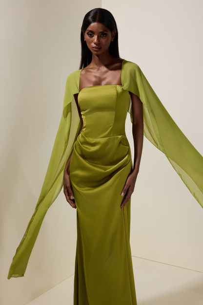 Satin Cape Sleeve Square Collar Midi Dress