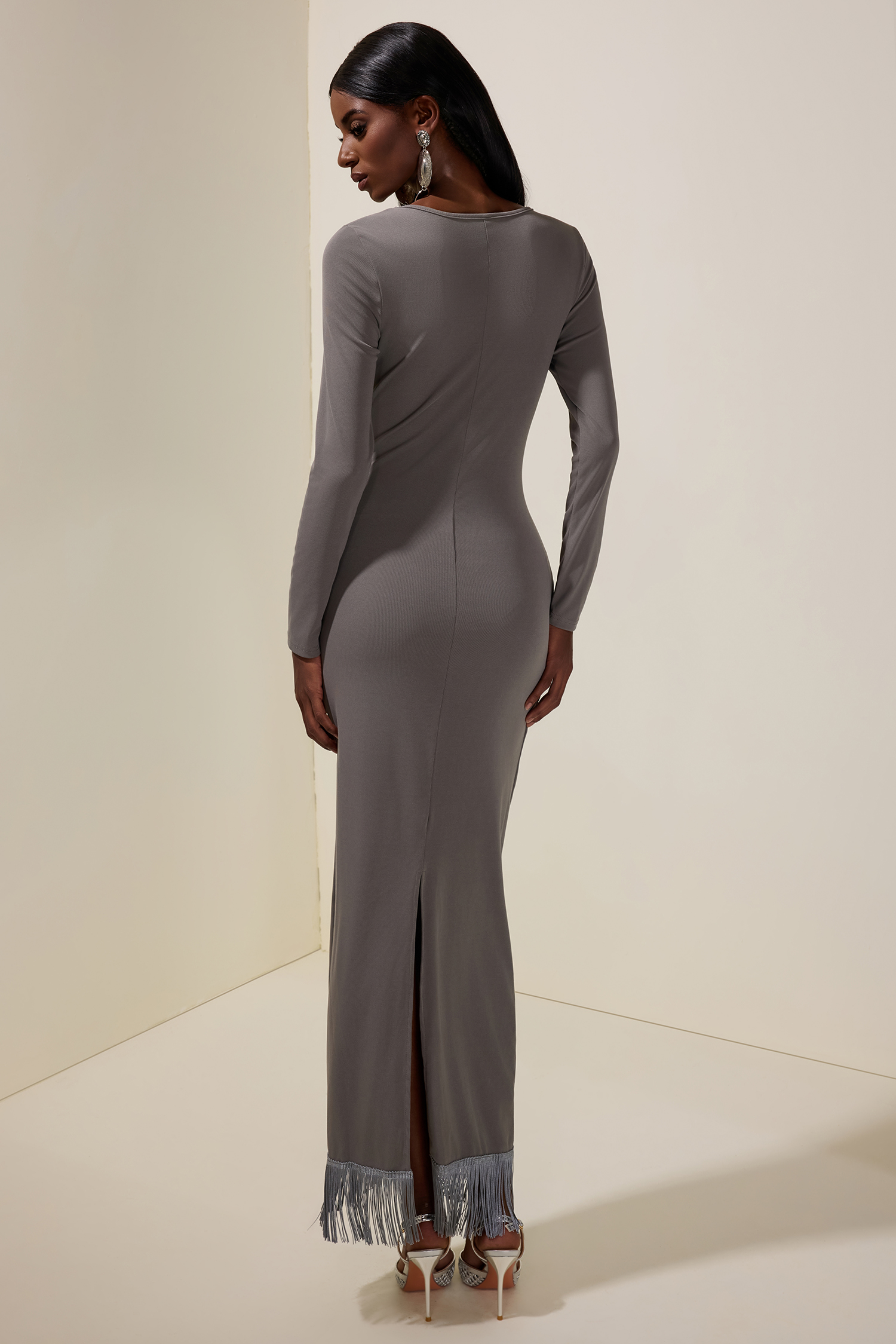 Jersey Tassel Long Sleeve Maxi Dress