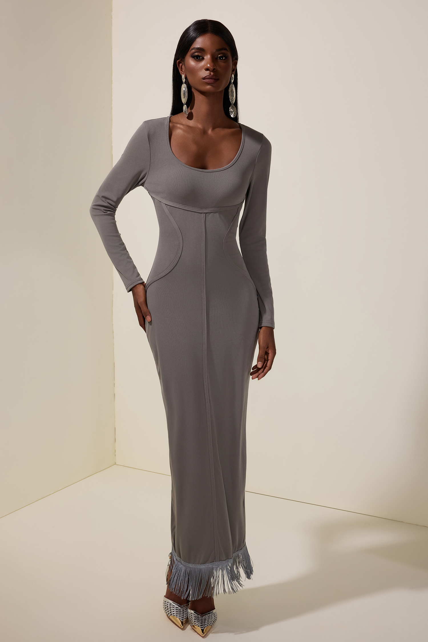 Jersey Tassel Long Sleeve Maxi Dress