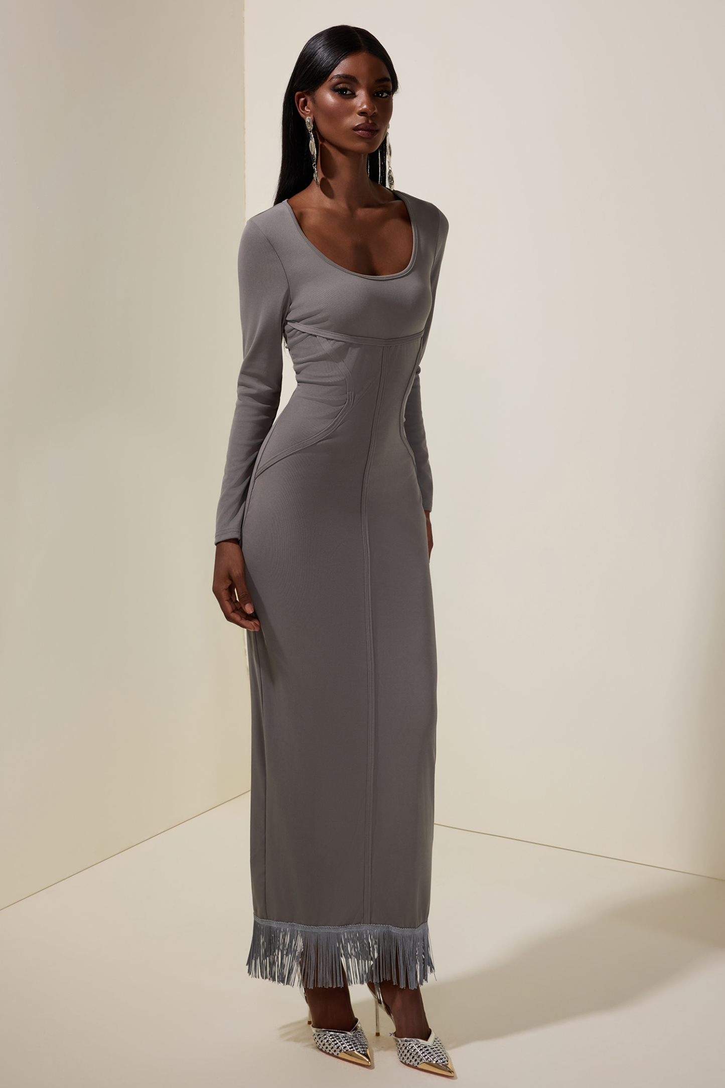 Jersey Tassel Long Sleeve Maxi Dress