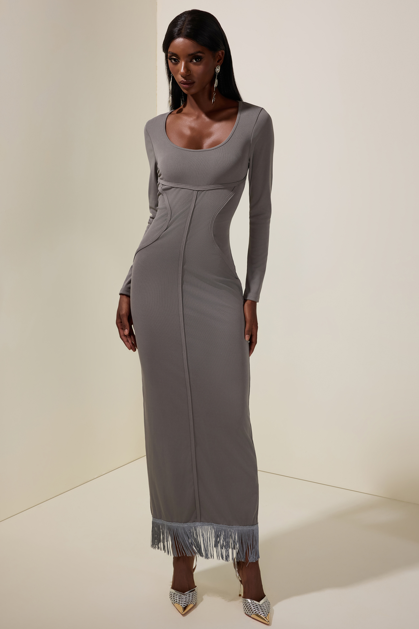 Jersey Tassel Long Sleeve Maxi Dress