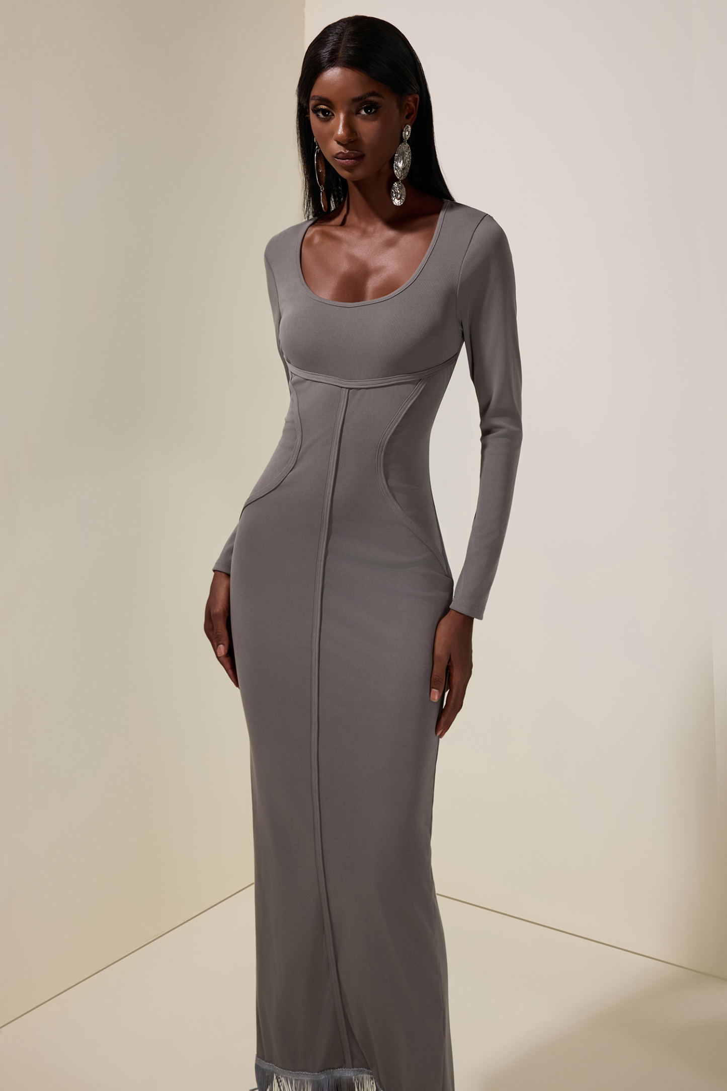 Jersey Tassel Long Sleeve Maxi Dress