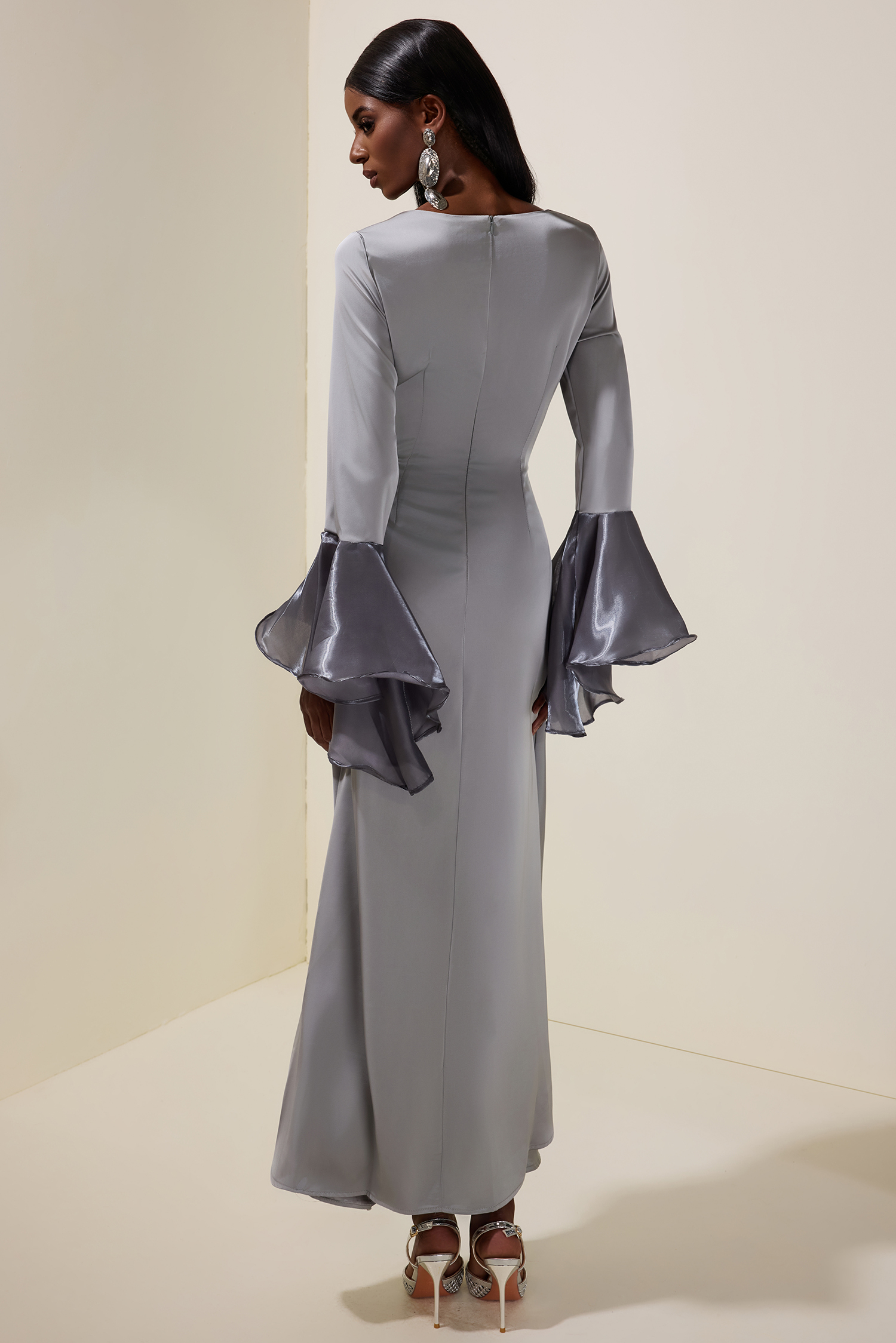 Satin Rhinestone Ruffle Maxi Dress