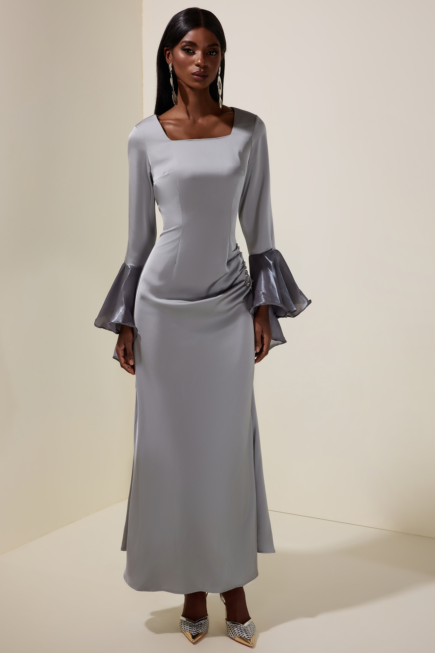 Satin Rhinestone Ruffle Maxi Dress