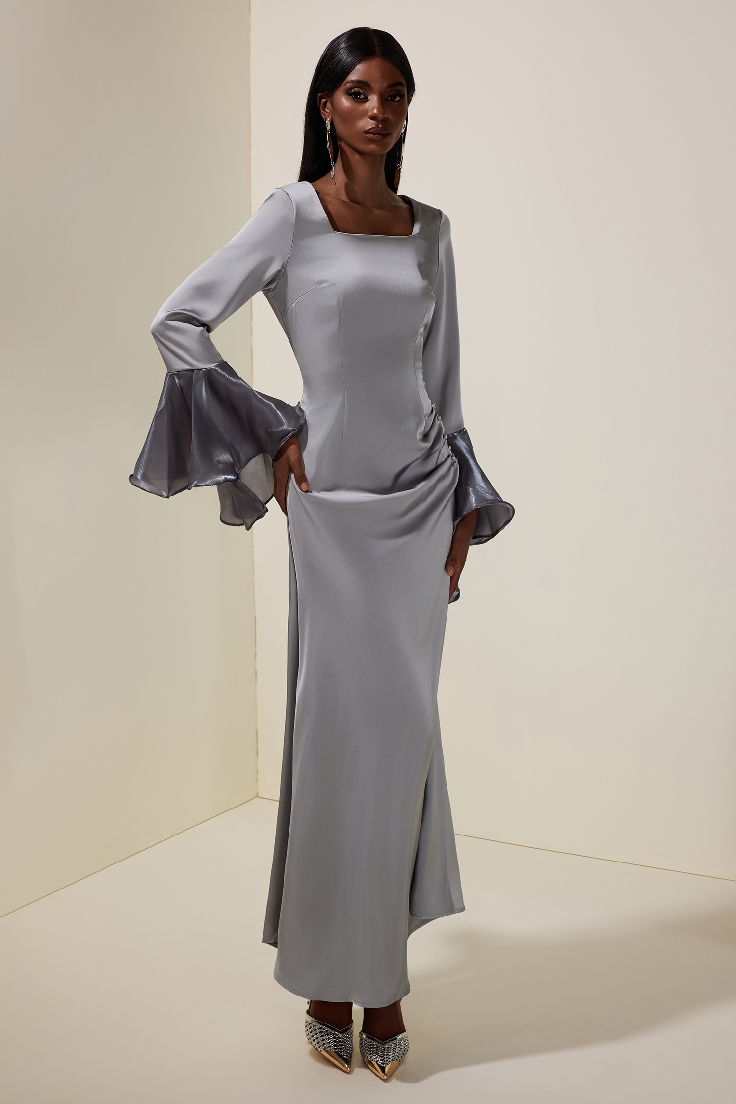 Satin Rhinestone Ruffle Maxi Dress