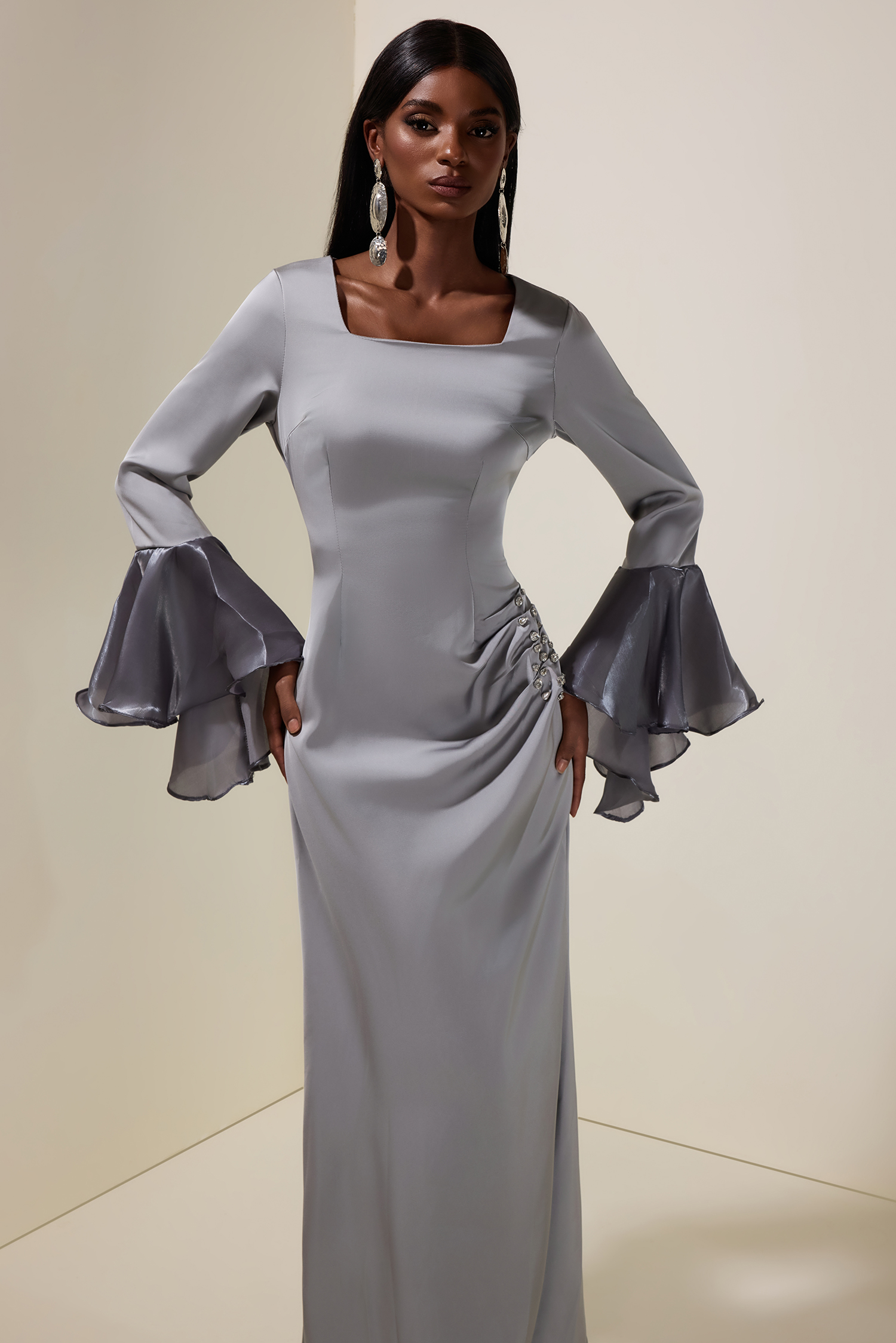 Satin Rhinestone Ruffle Maxi Dress
