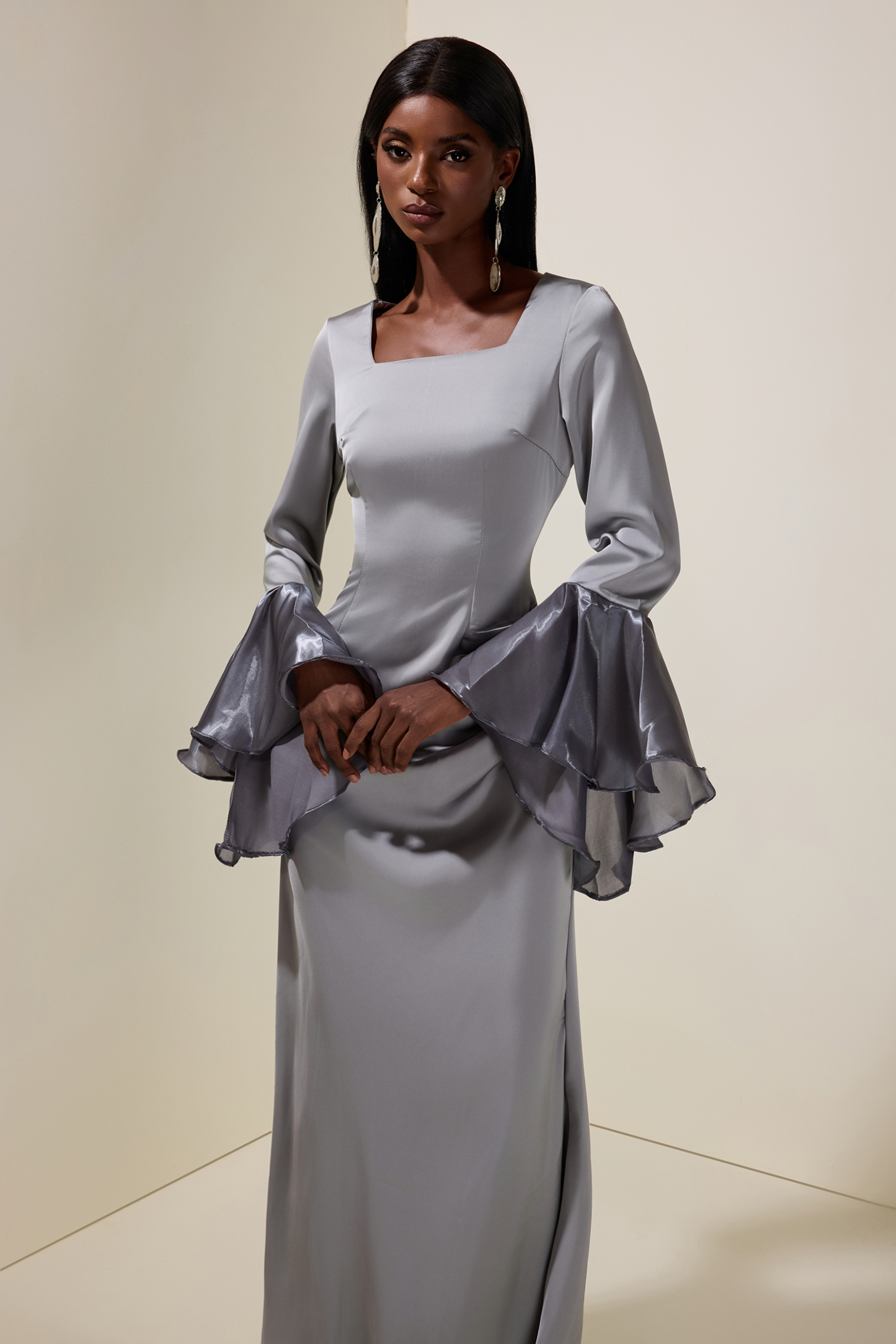 Satin Rhinestone Ruffle Maxi Dress