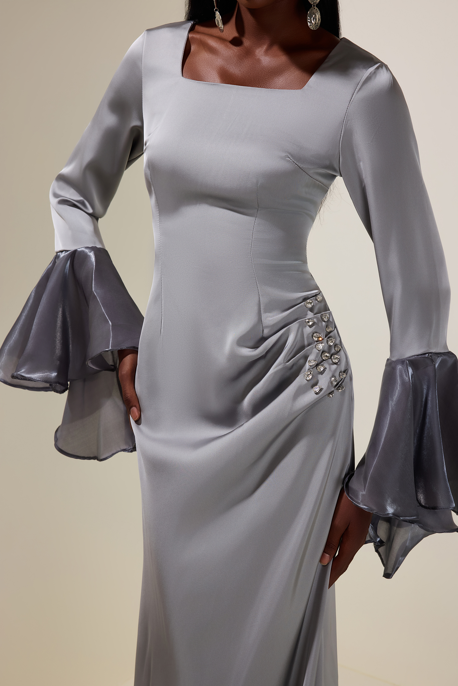 Satin Rhinestone Ruffle Maxi Dress