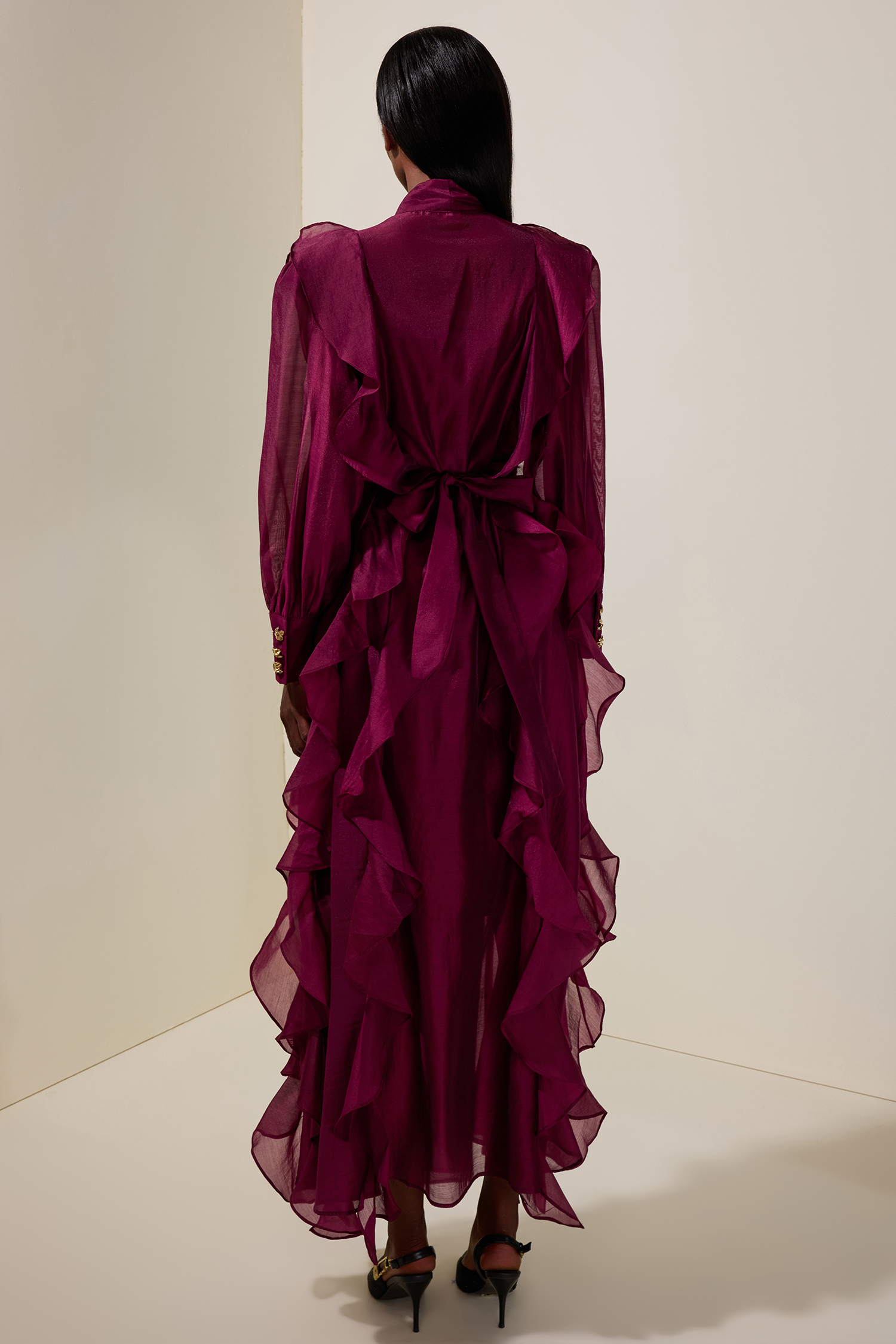 Chiffon Ruffle Metal Decorations Maxi Dress With Belt