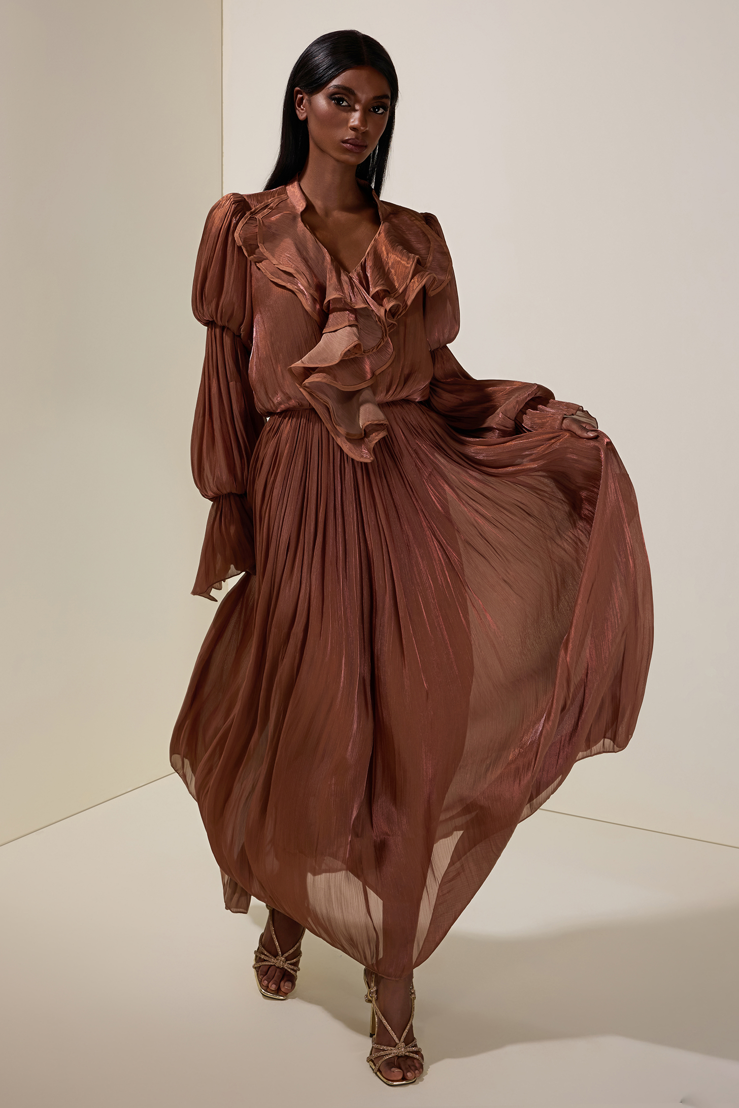 Satin V-Neck Ruffle Maxi Dress