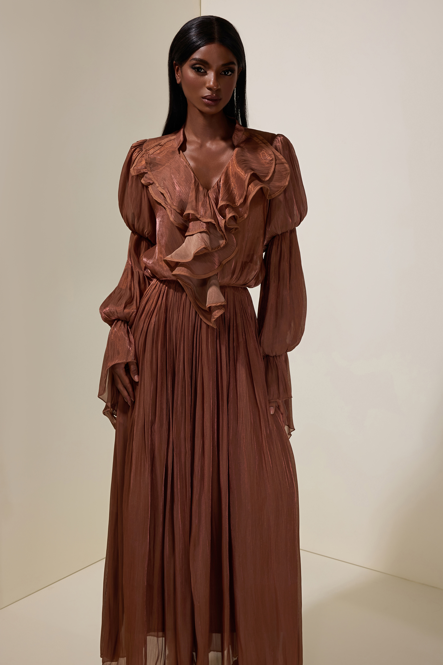 Satin V-Neck Ruffle Maxi Dress