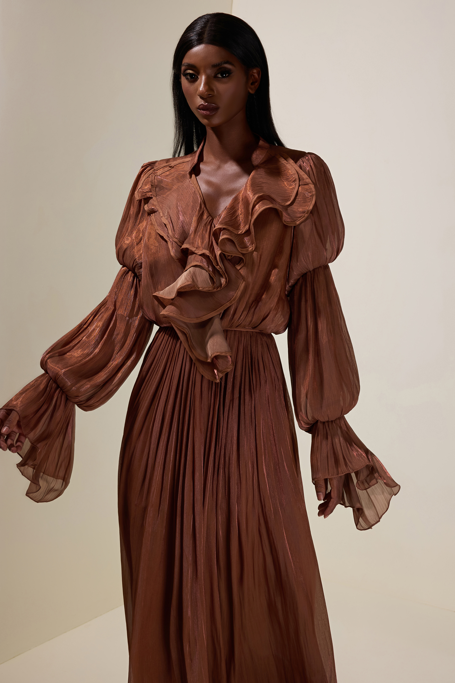 Satin V-Neck Ruffle Maxi Dress