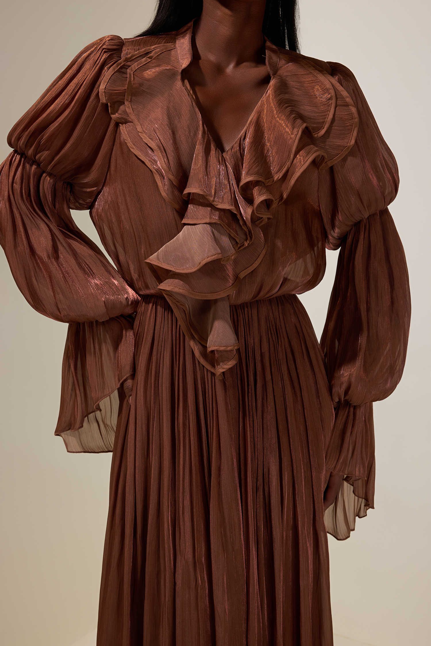 Satin V-Neck Ruffle Maxi Dress