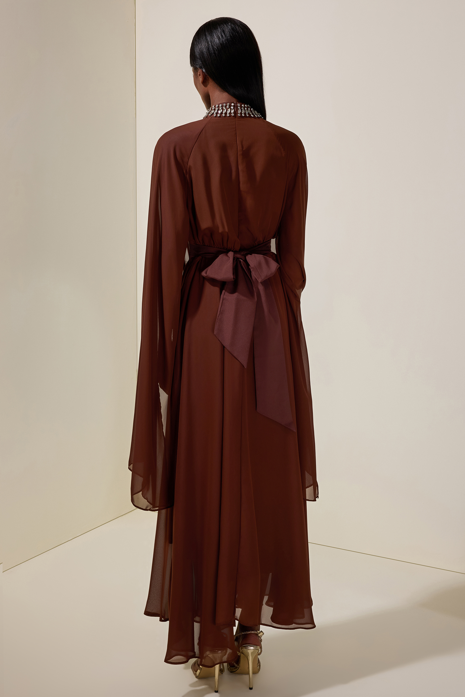 Chiffon Rhinestone Cape Sleeve Maxi Dress With Belt