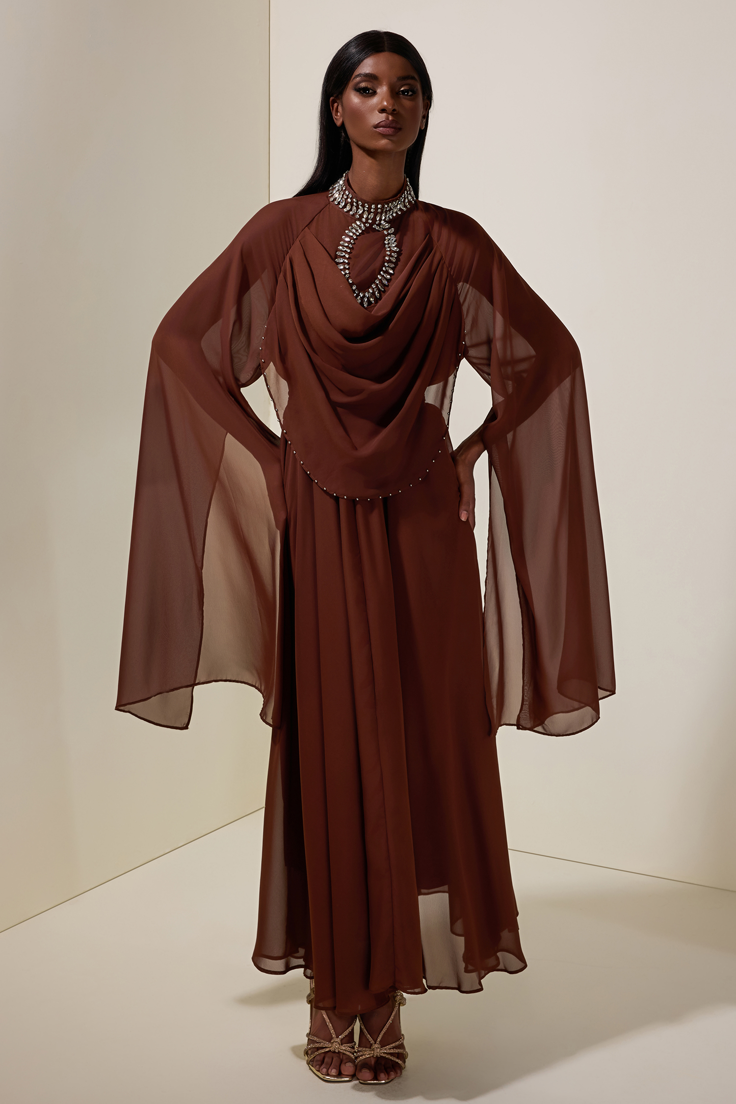 Chiffon Rhinestone Cape Sleeve Maxi Dress With Belt