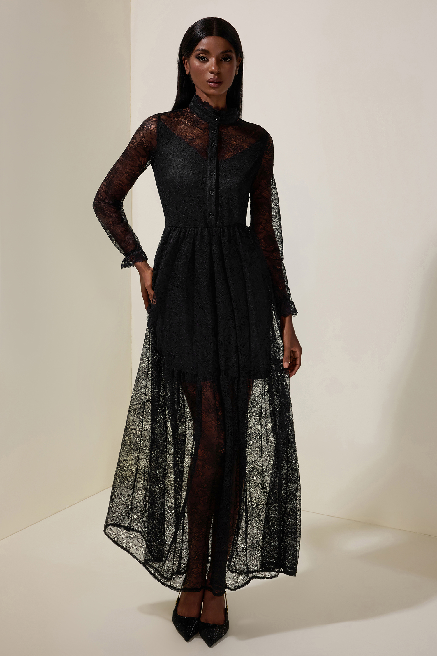 Lace Long Sleeve See-Through Maxi Dress