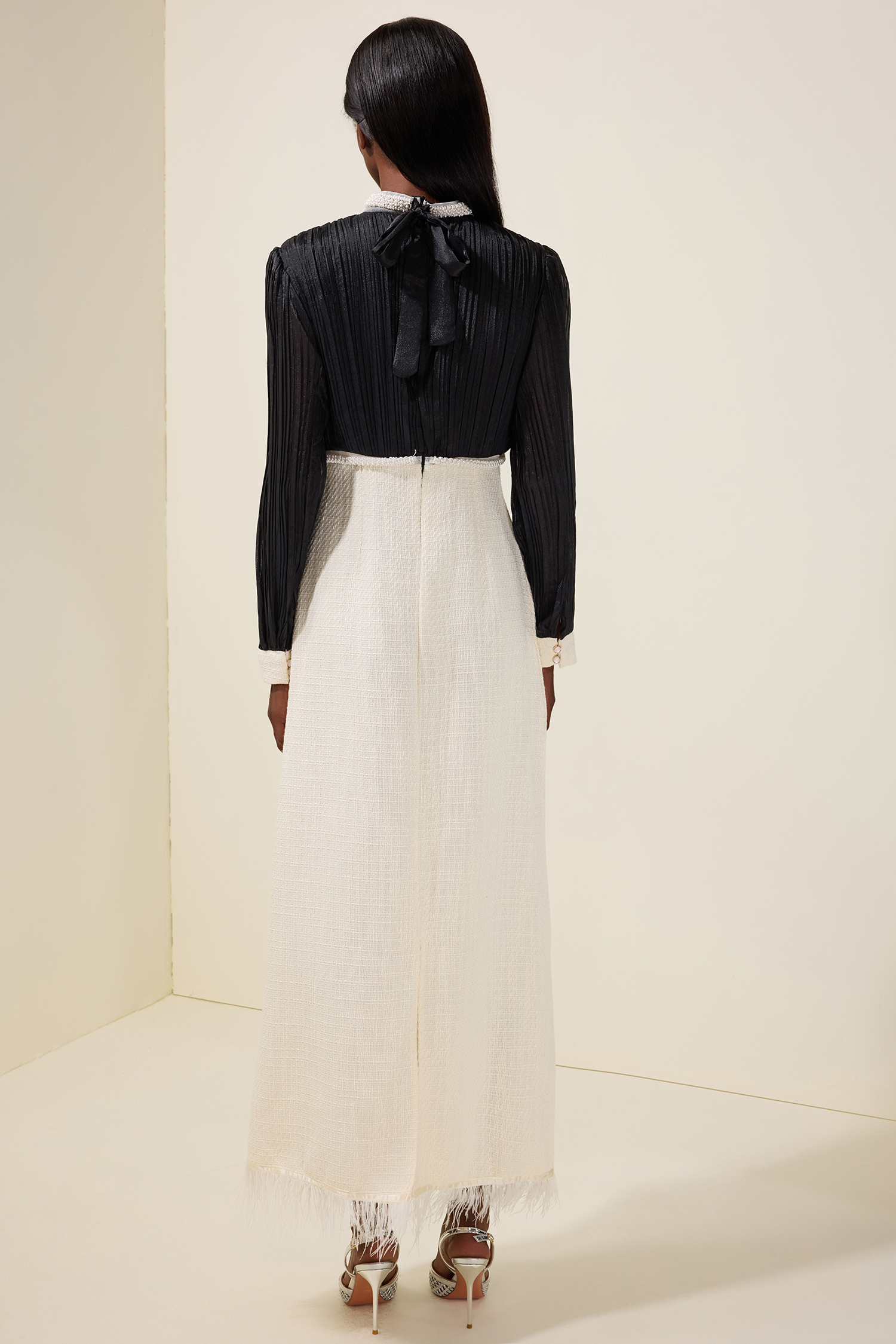 Tweed Contrast Color Rhinestone Feather Midi Dress