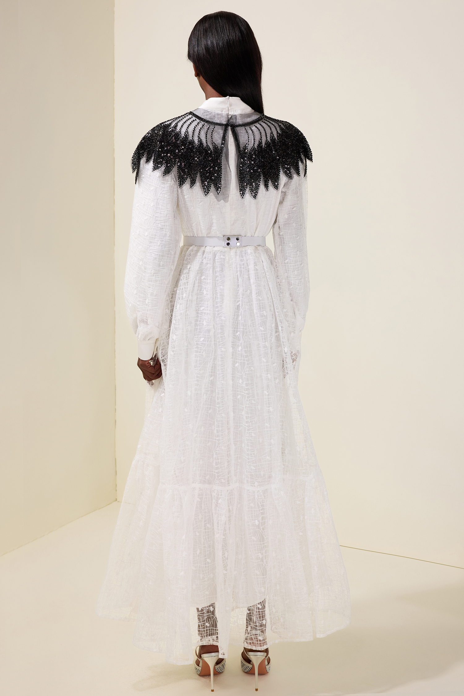 Embroidered Long Sleeve Dress With Sequin Cape