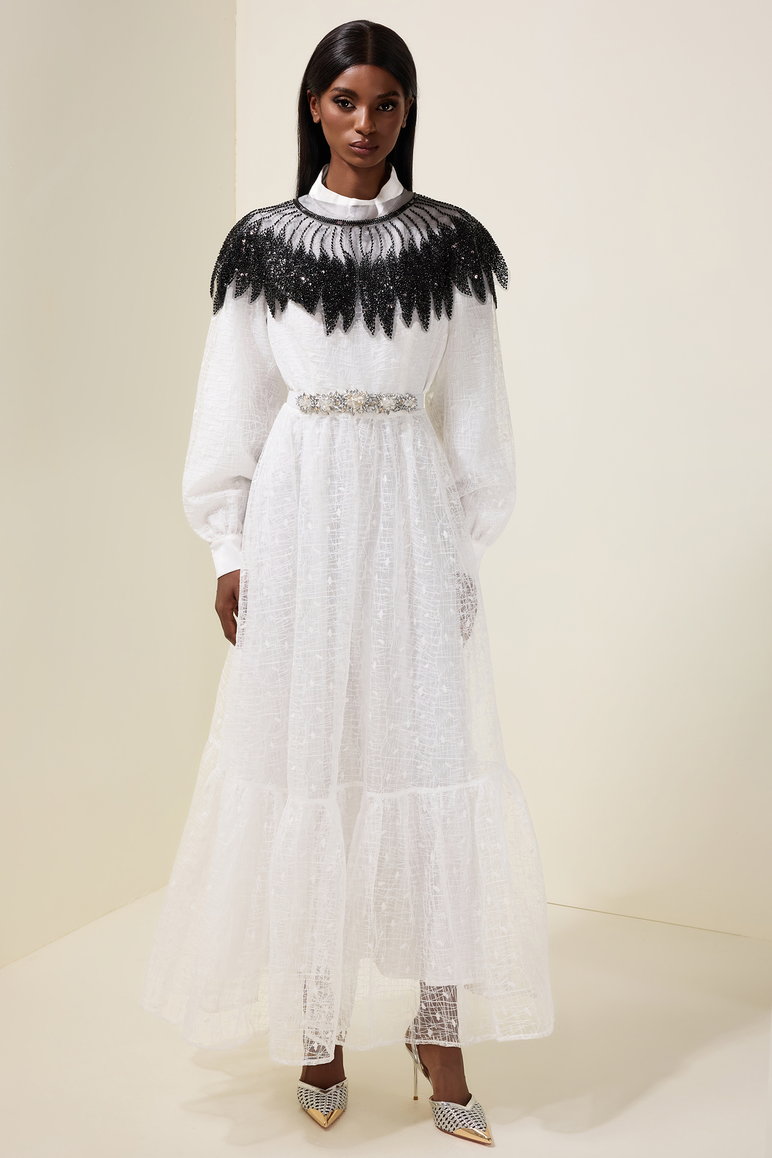 Embroidered Long Sleeve Dress With Sequin Cape