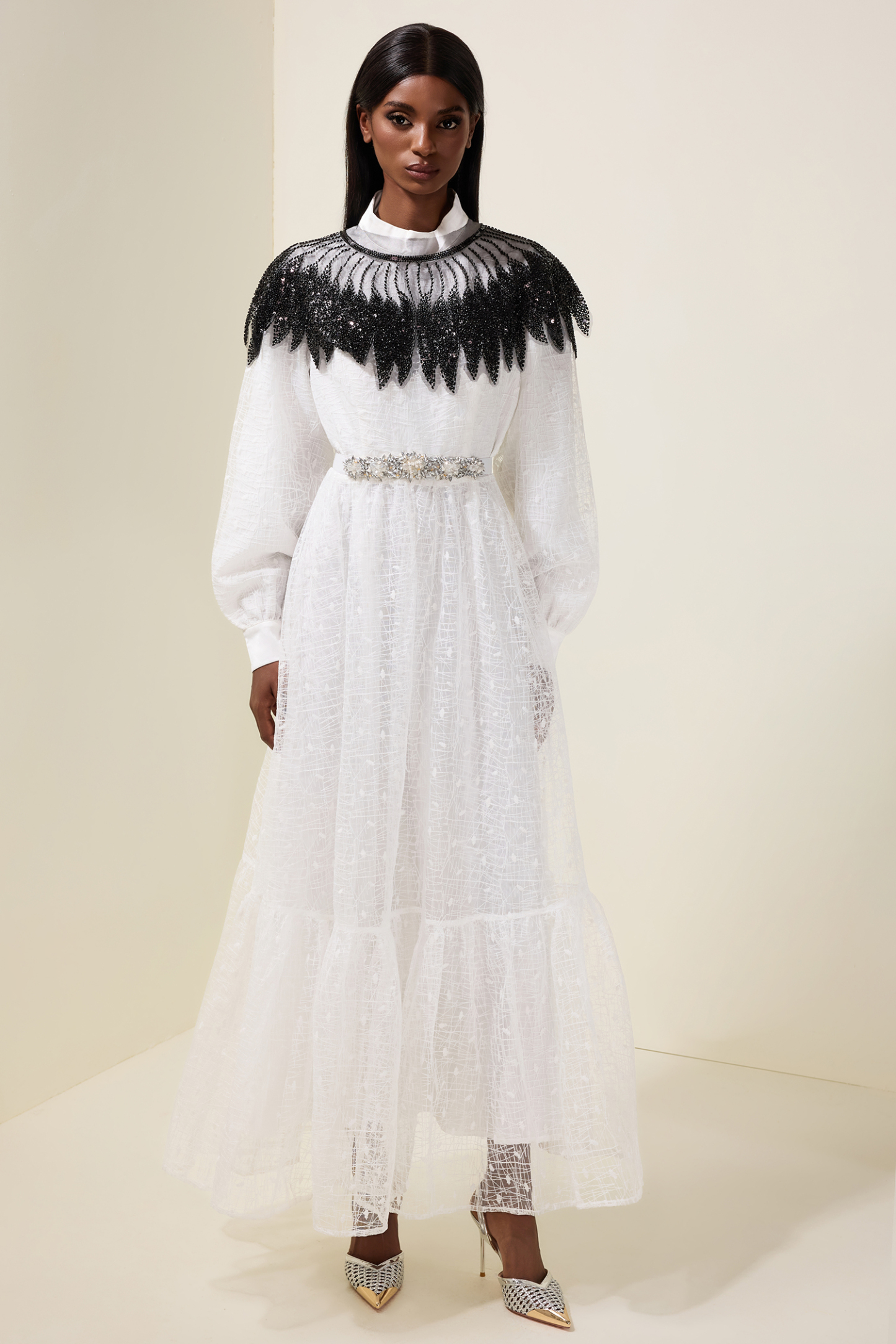 Embroidered Long Sleeve Dress With Sequin Cape