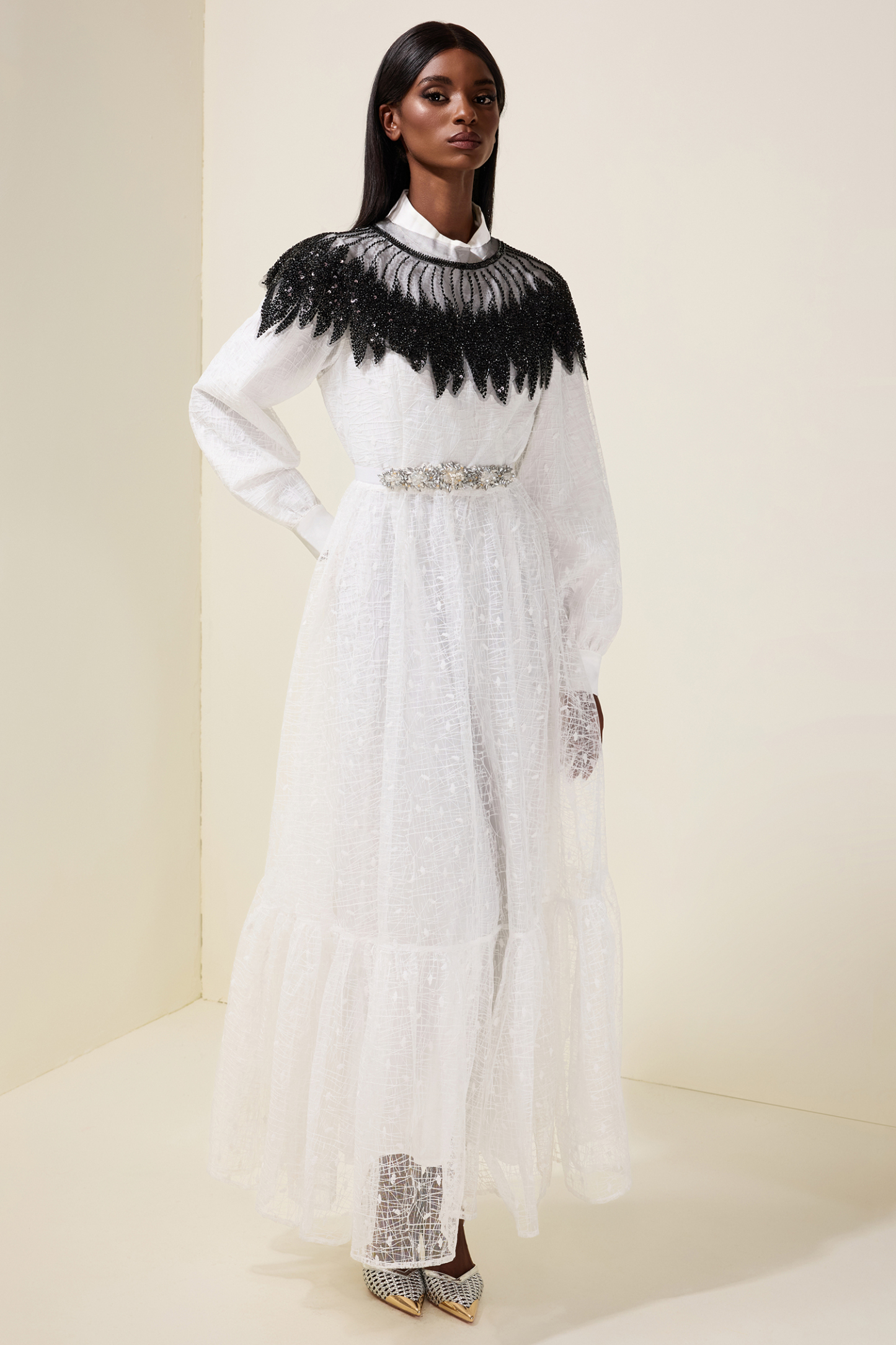 Embroidered Long Sleeve Dress With Sequin Cape