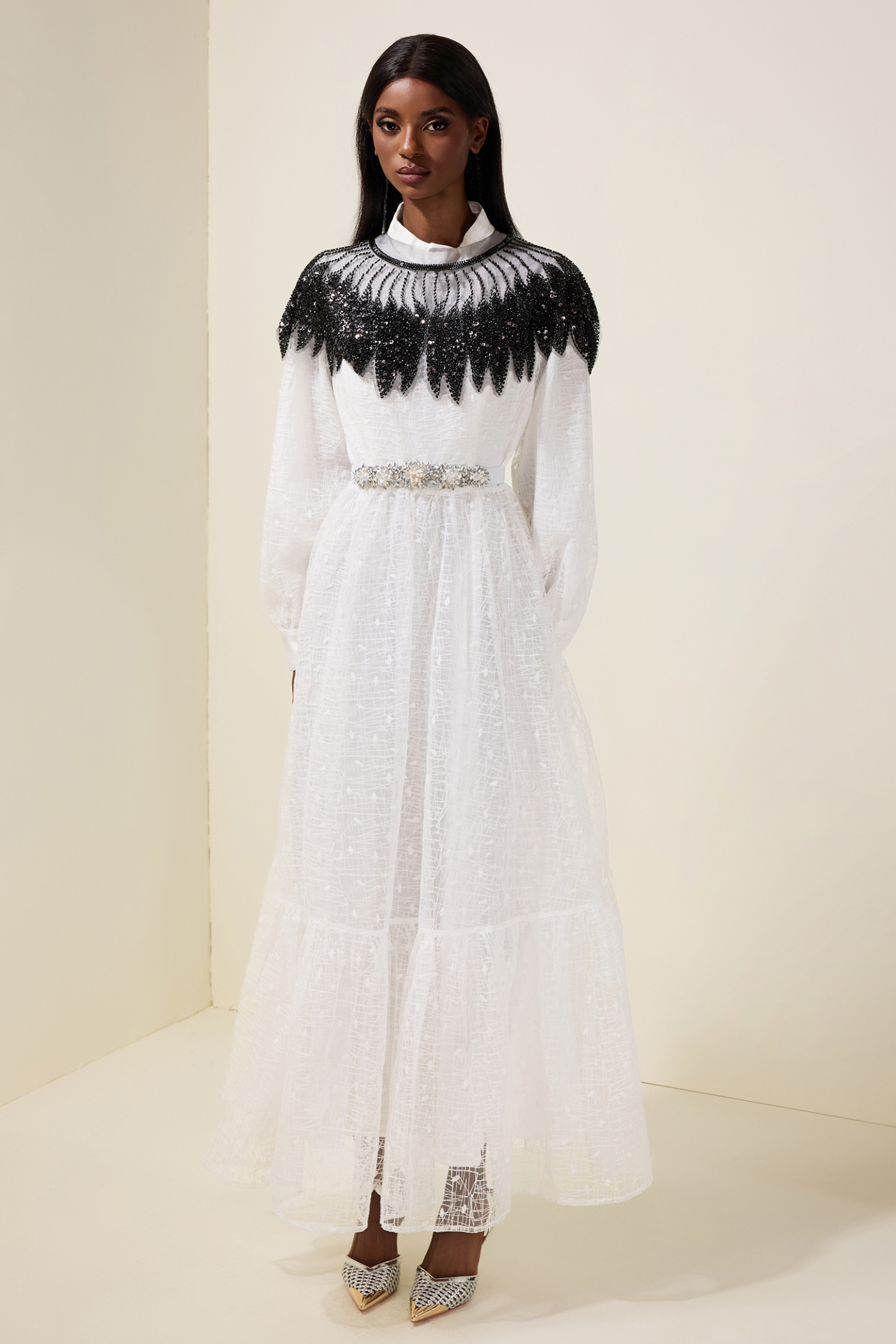 Embroidered Long Sleeve Dress With Sequin Cape