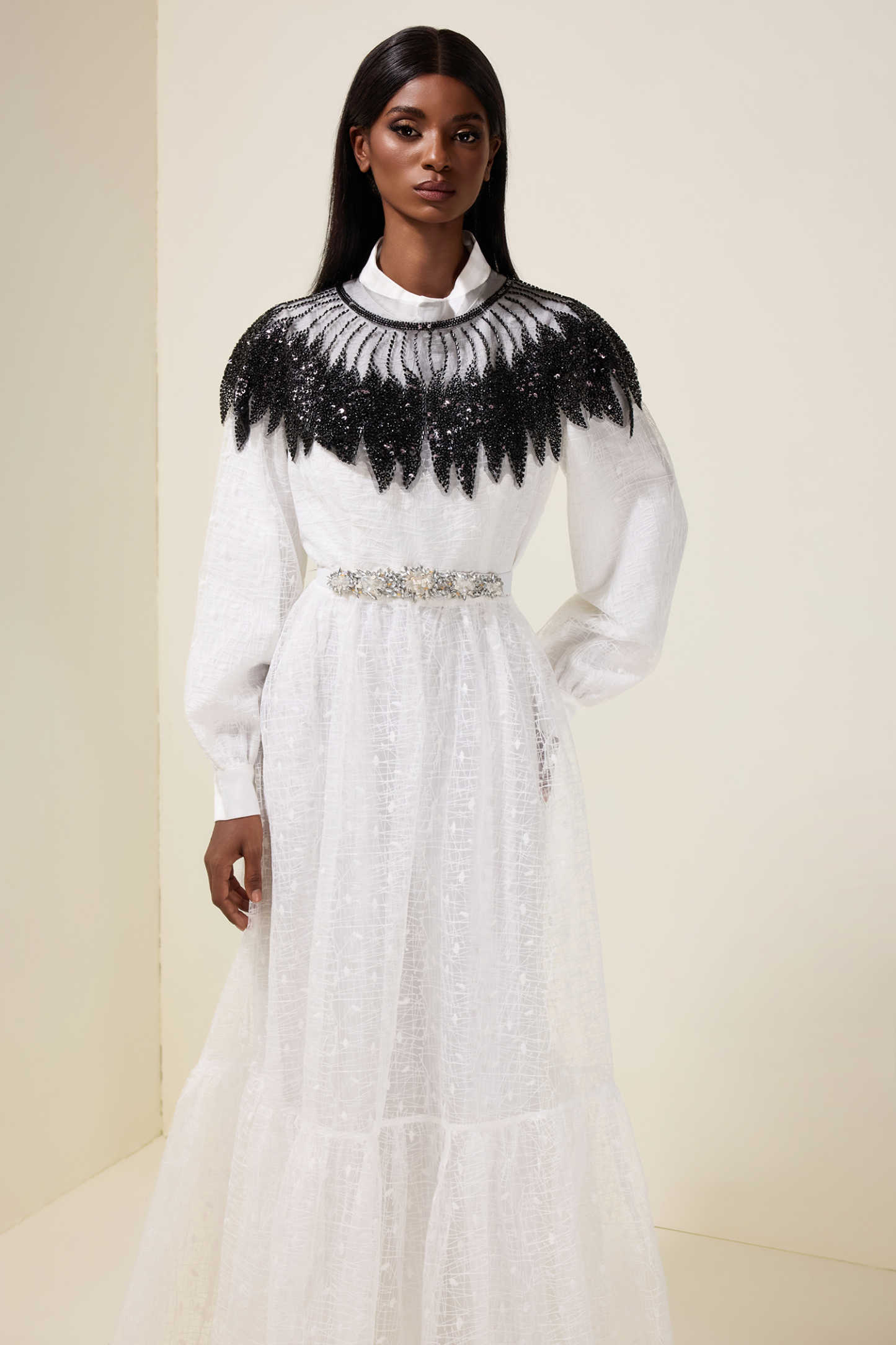 Embroidered Long Sleeve Dress With Sequin Cape