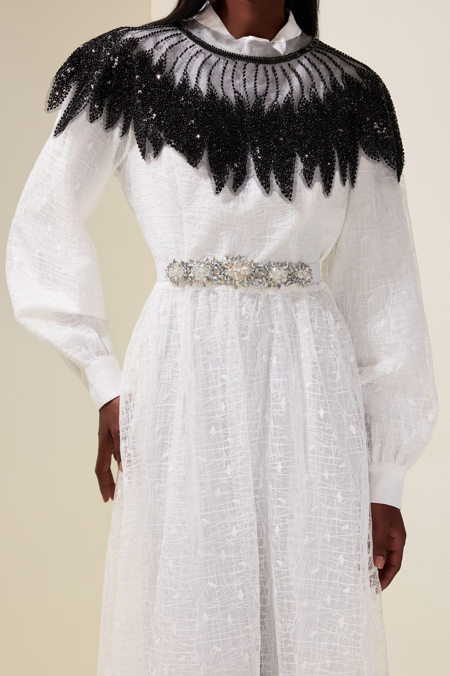 Embroidered Long Sleeve Dress With Sequin Cape