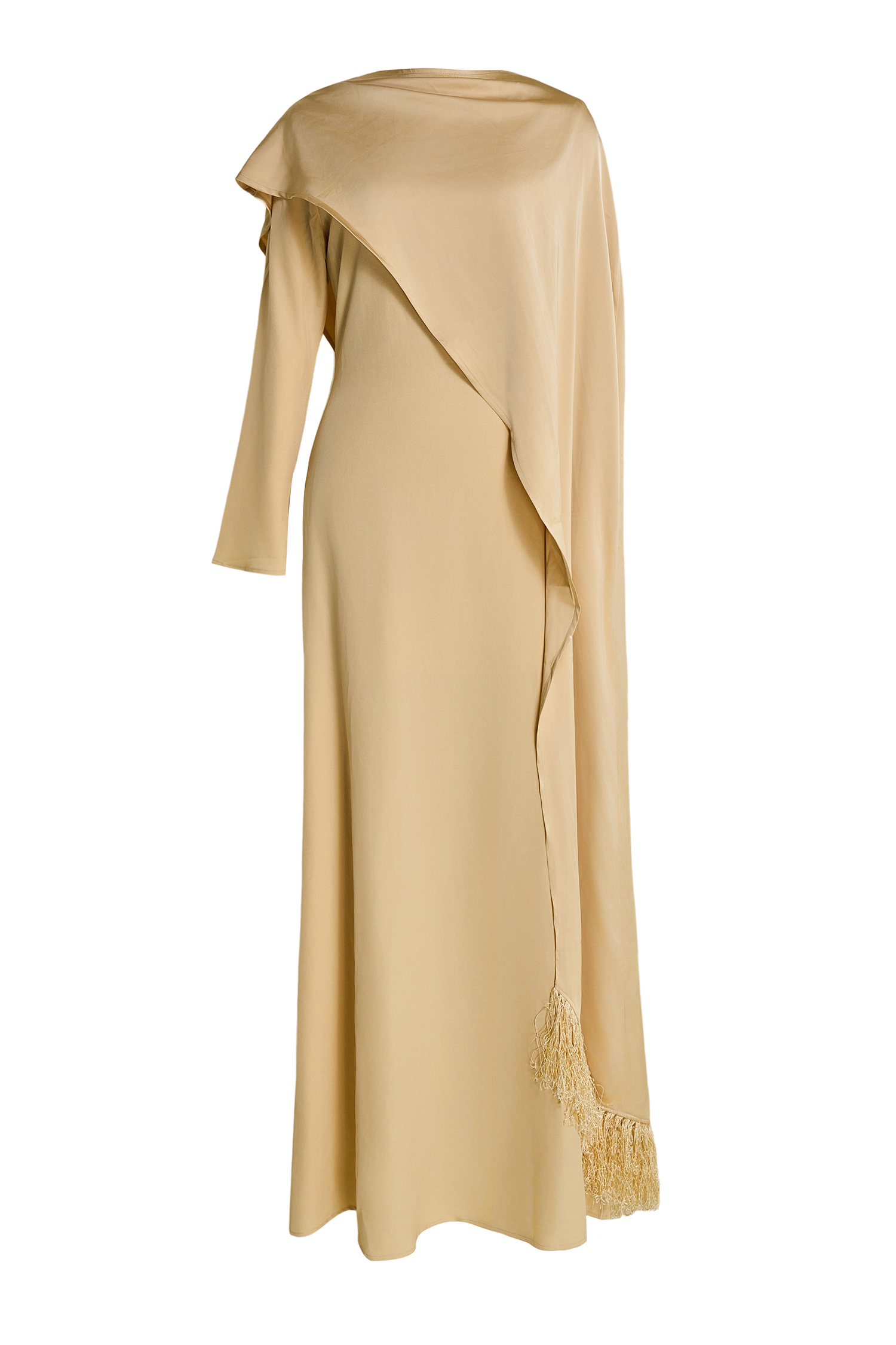 Satin Cape Sleeve Tassel Maxi Dress
