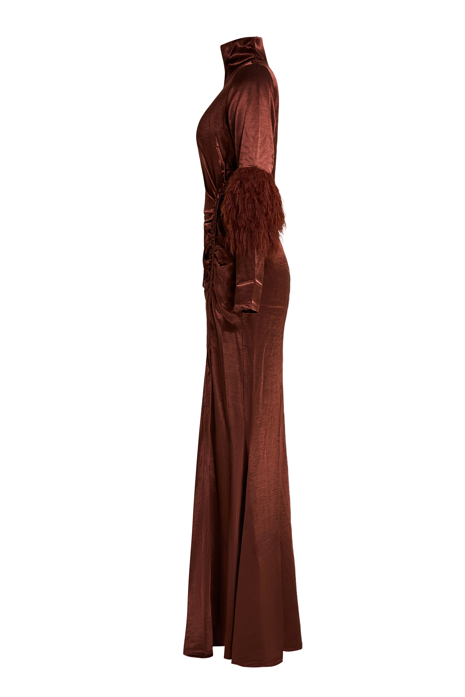 Satin Feather Ruched Maxi Dress
