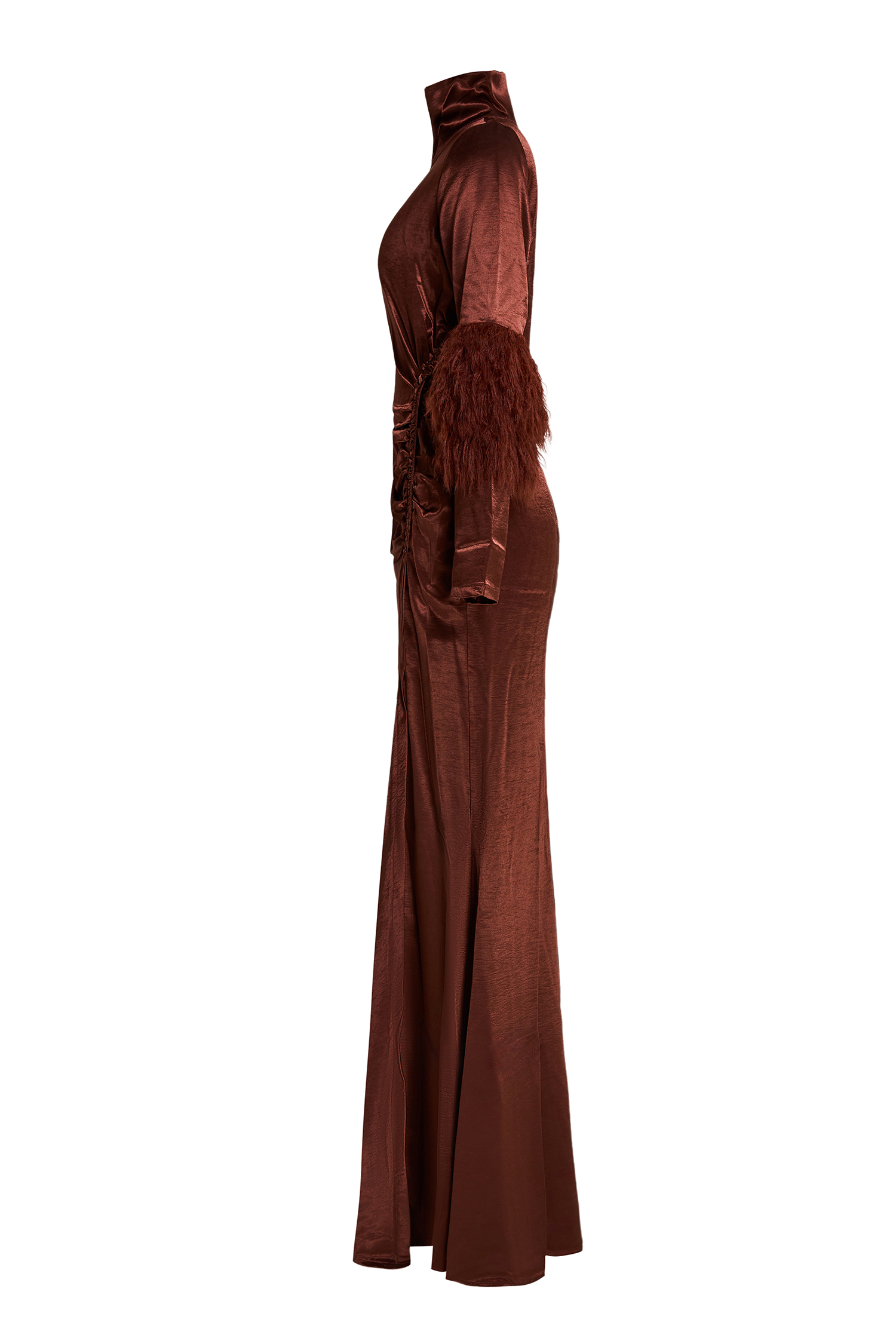 Satin Feather Ruched Maxi Dress