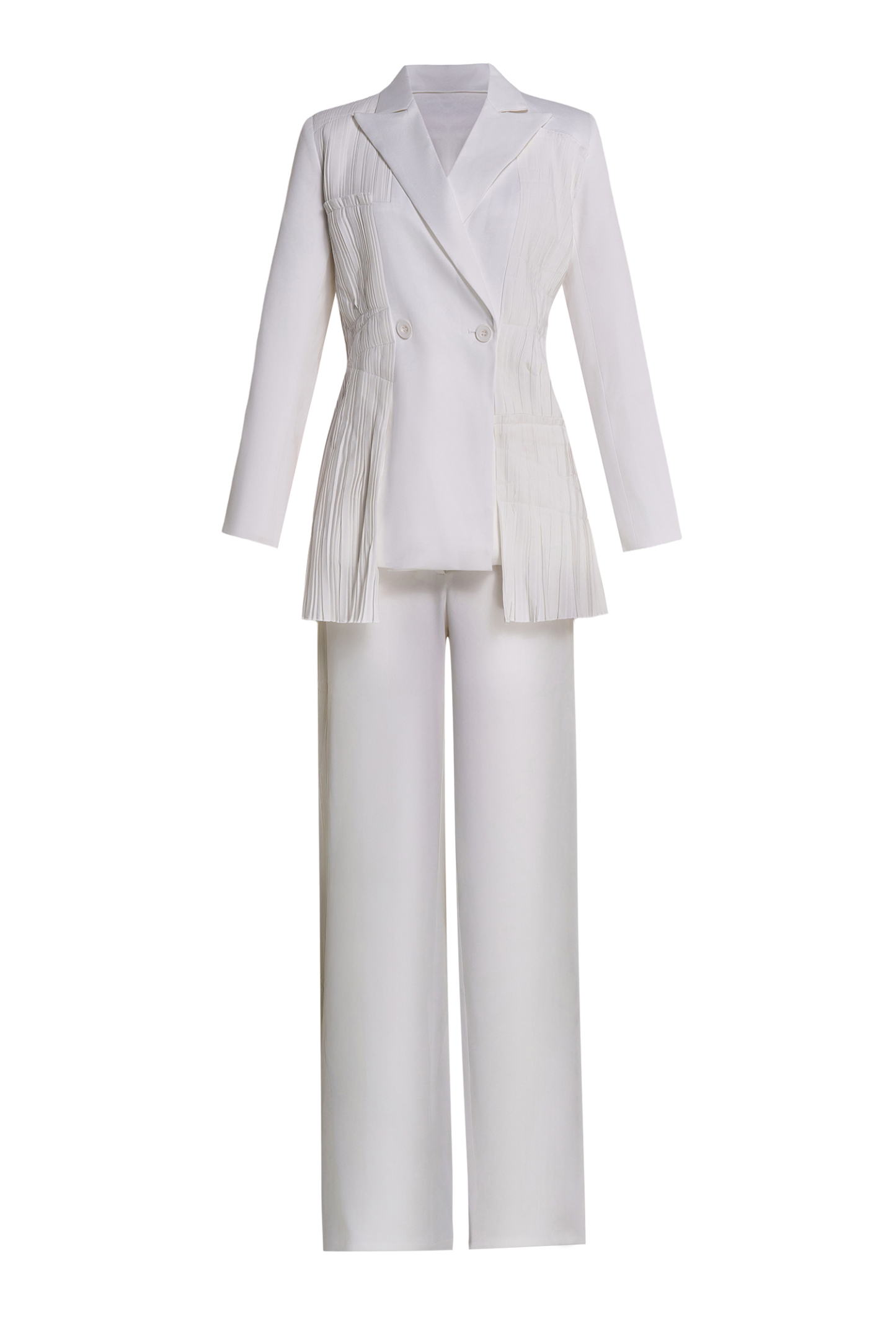 Pleat Solid Tailored Collar Blazer & High Waist Loose Pants Set