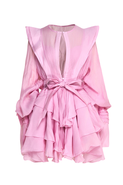 Solid Ruffle Lantern Sleeve Mini Dress With Belt