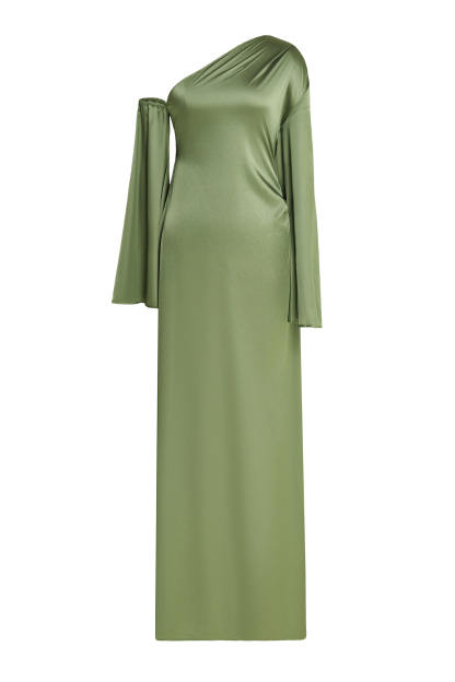 Satin Skew Collar Slit Midi Dress