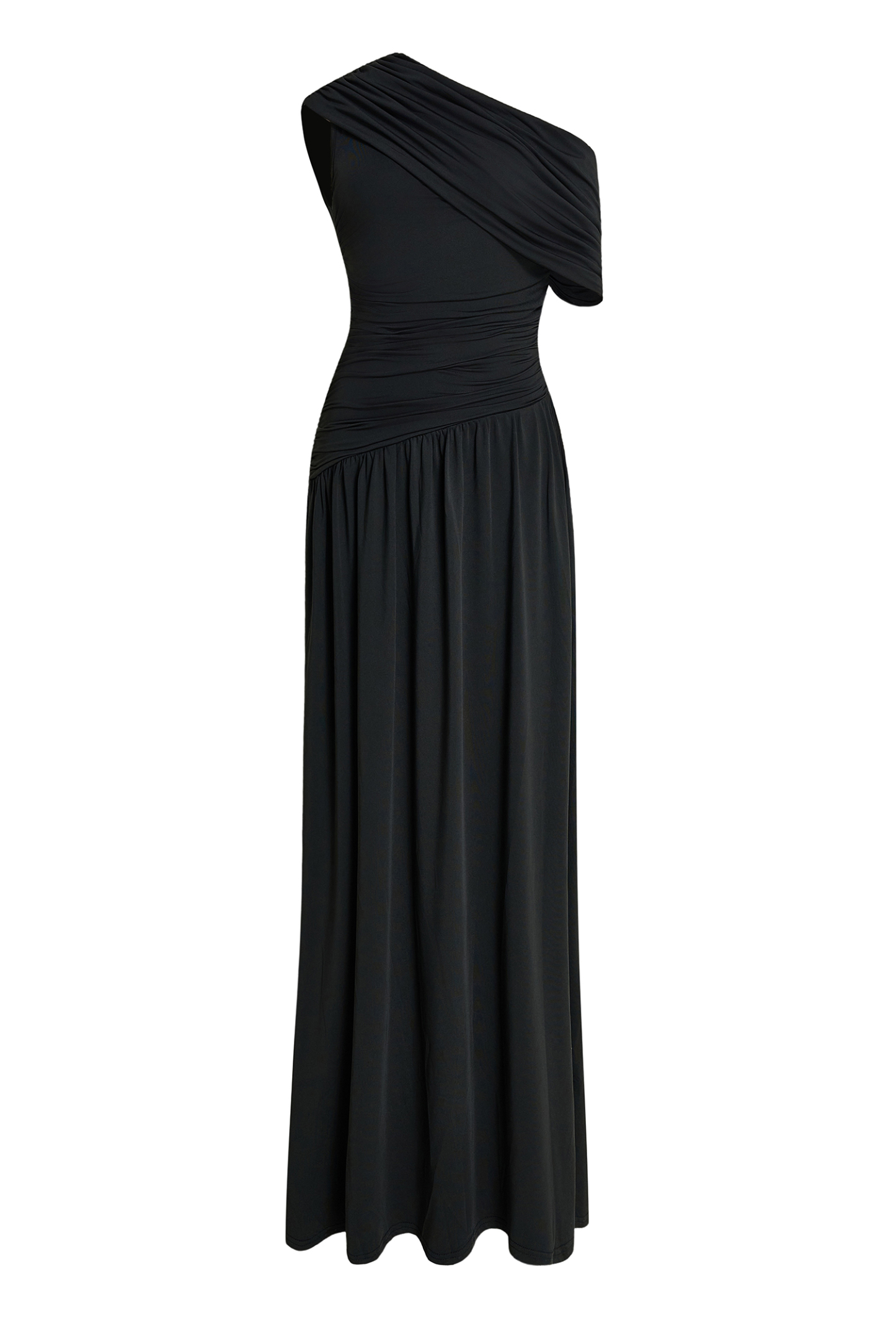 Gathering Solid One-Shoulder Maxi Dress