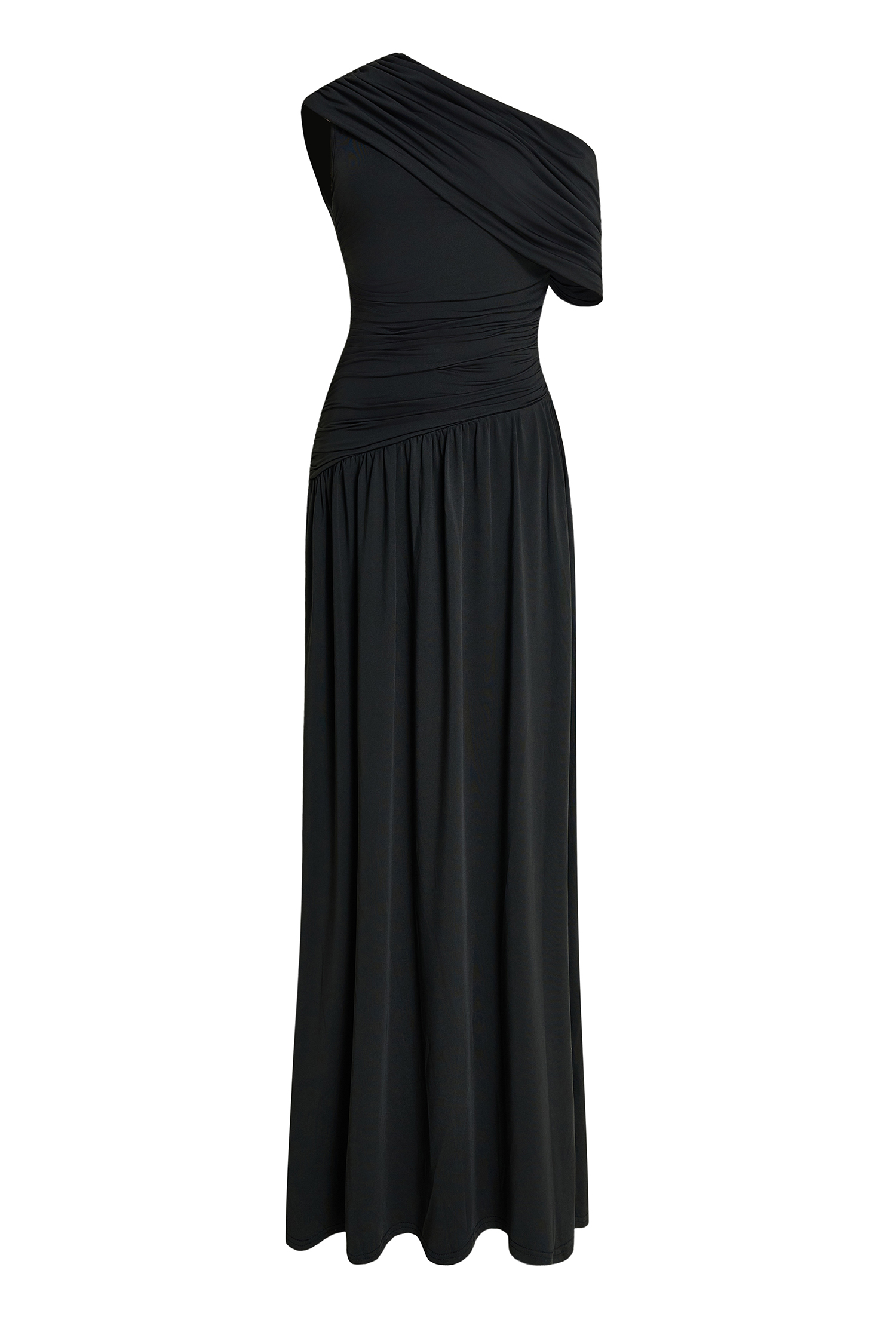 Gathering Solid One-Shoulder Maxi Dress