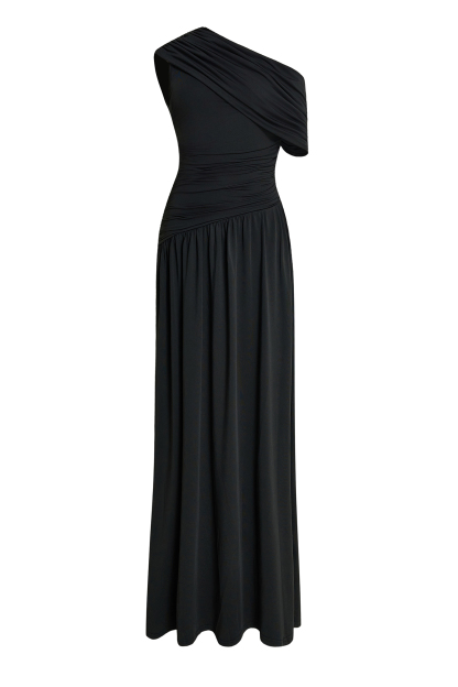Gathering Solid One-Shoulder Maxi Dress