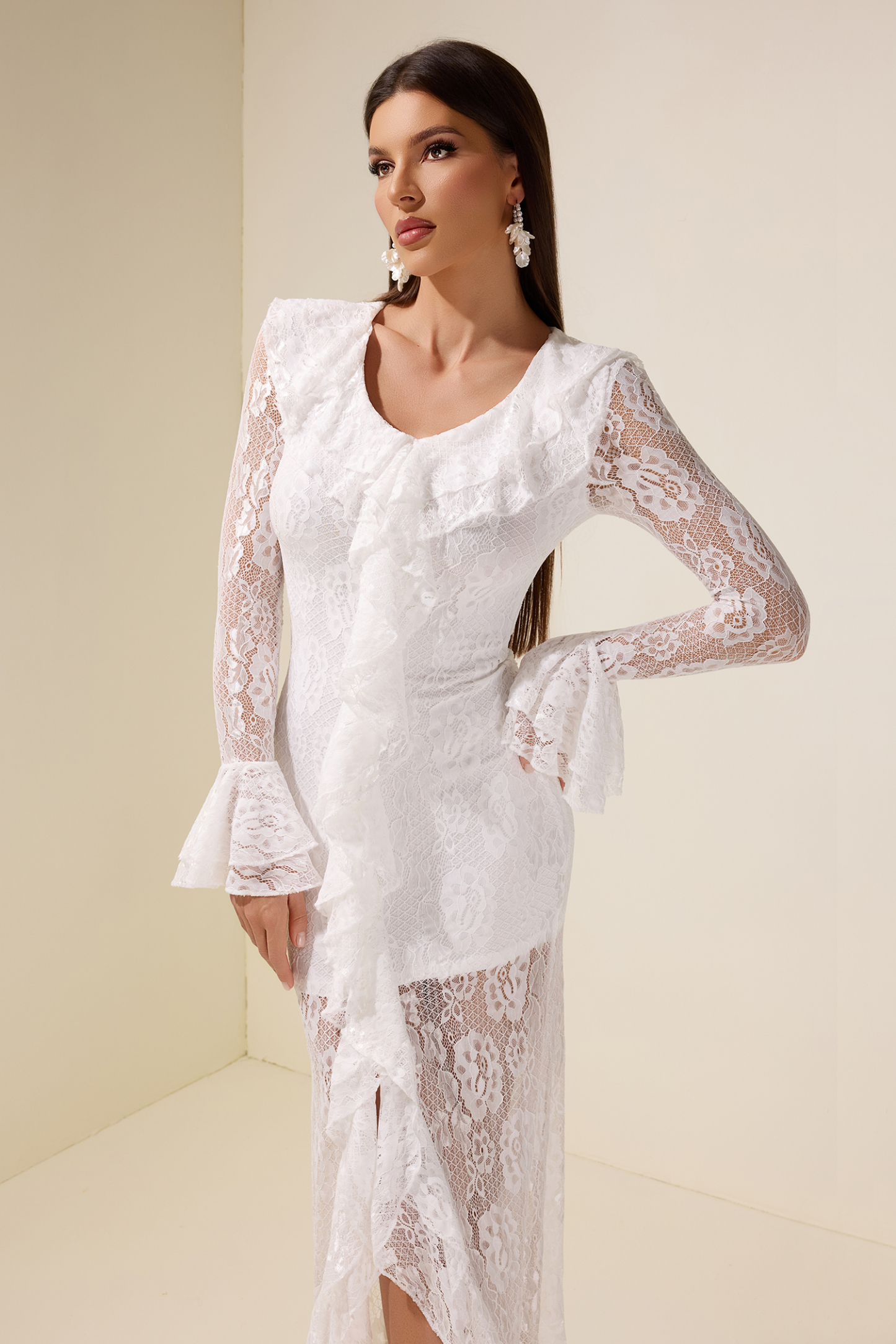 Lace Ruffle Long Sleeve Midi Dress