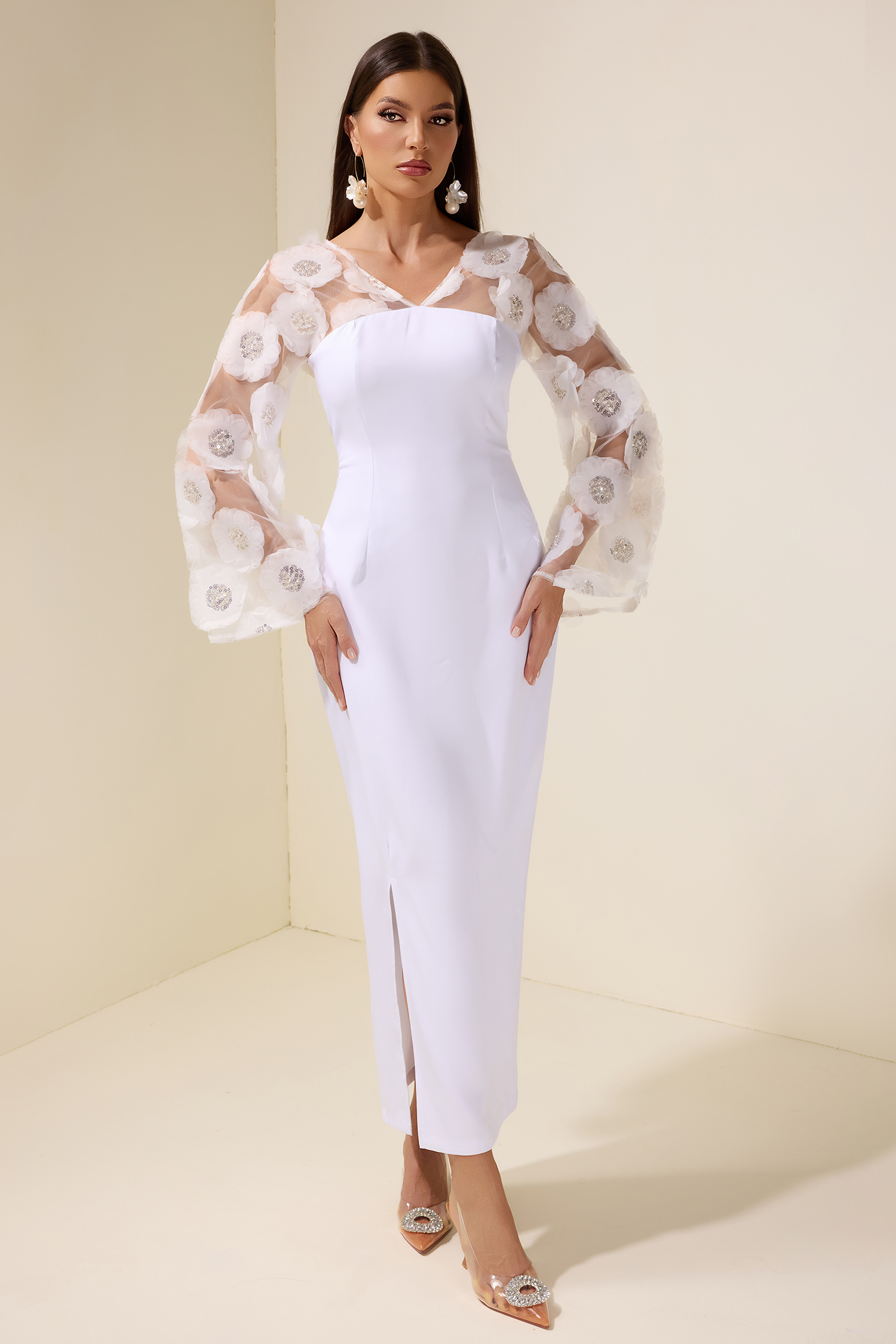 3D Flower Nail Bead Embroidery Midi Dress