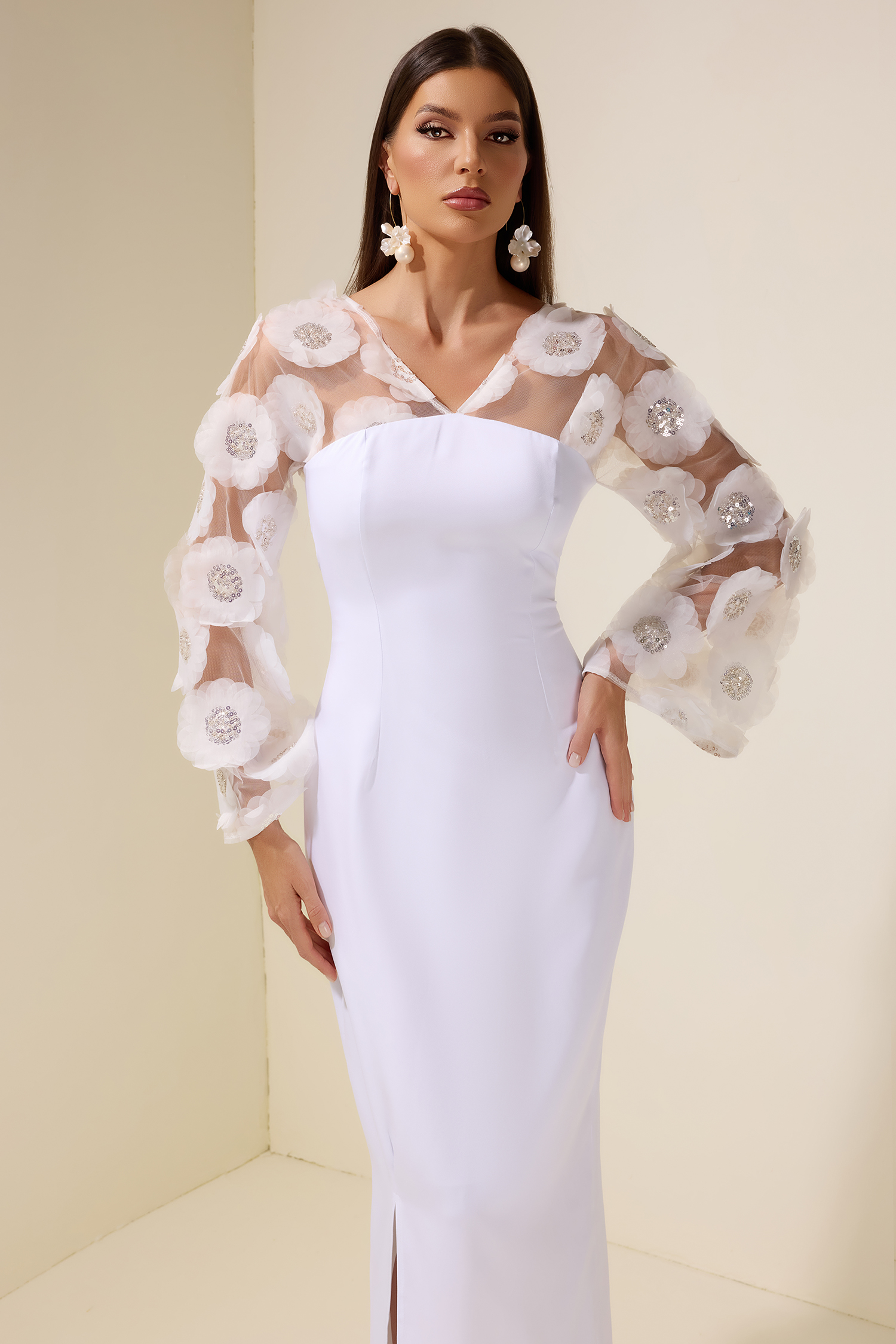 3D Flower Nail Bead Embroidery Midi Dress