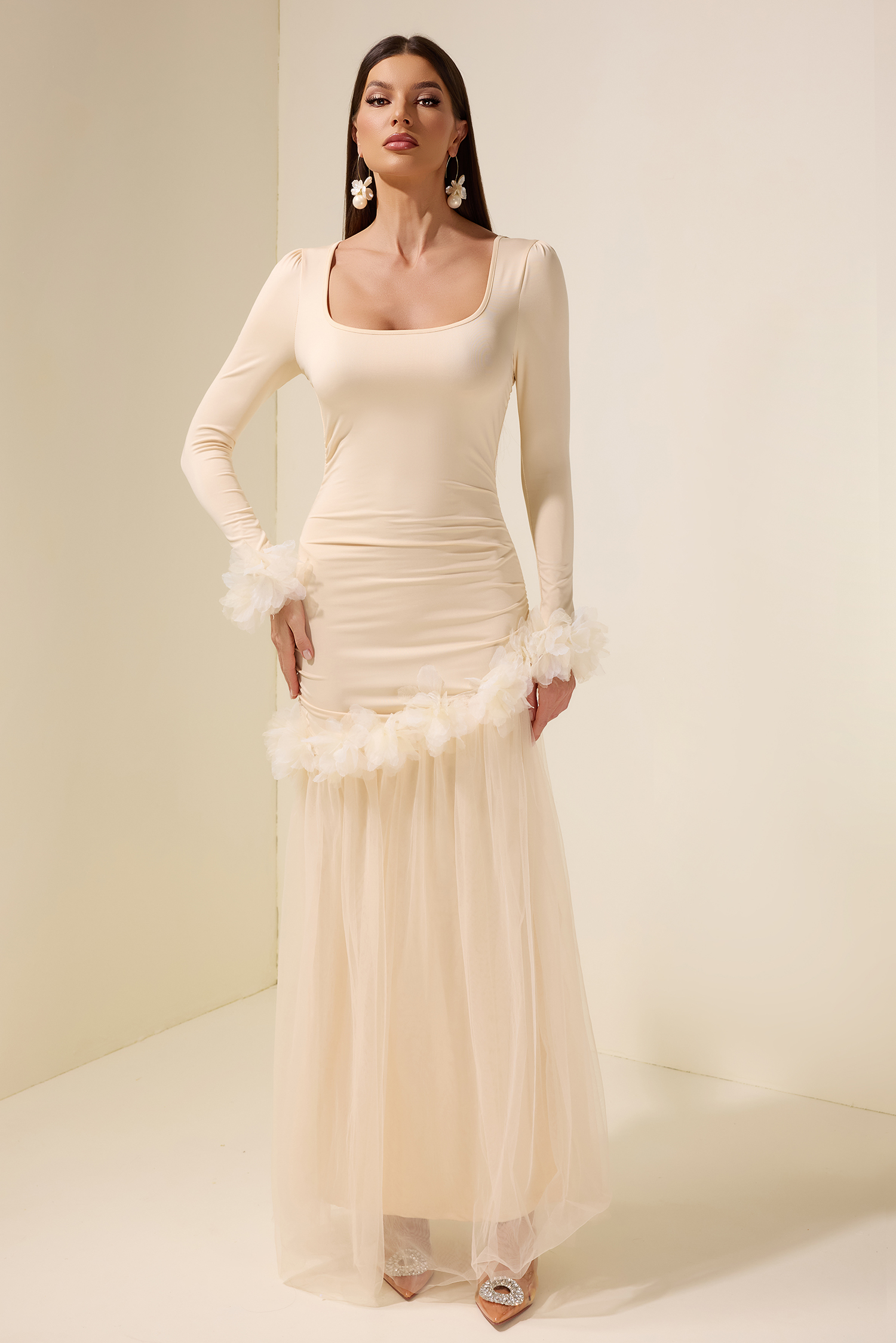 3D Flower Jersey Splicing Maxi Dress