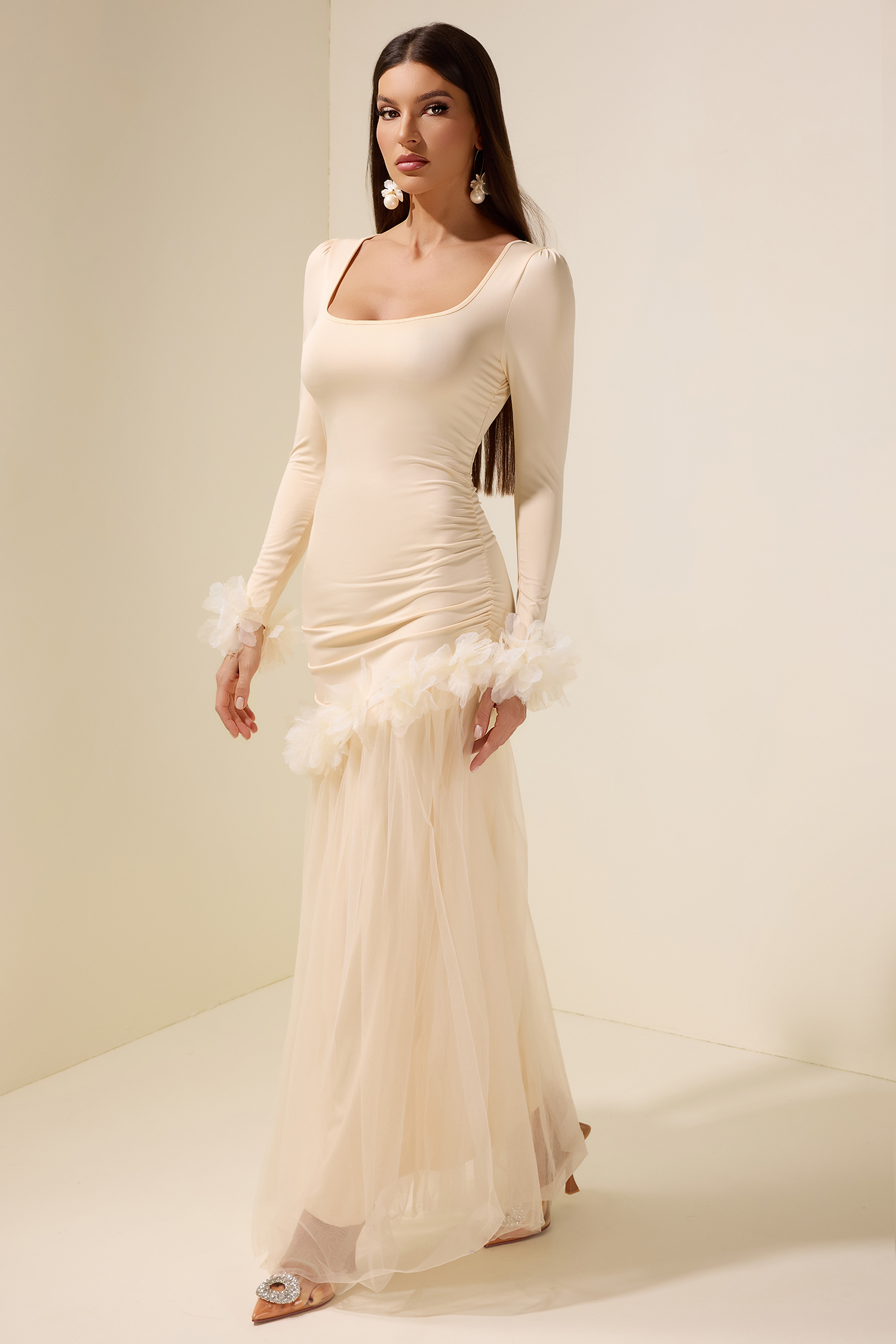 3D Flower Jersey Splicing Maxi Dress