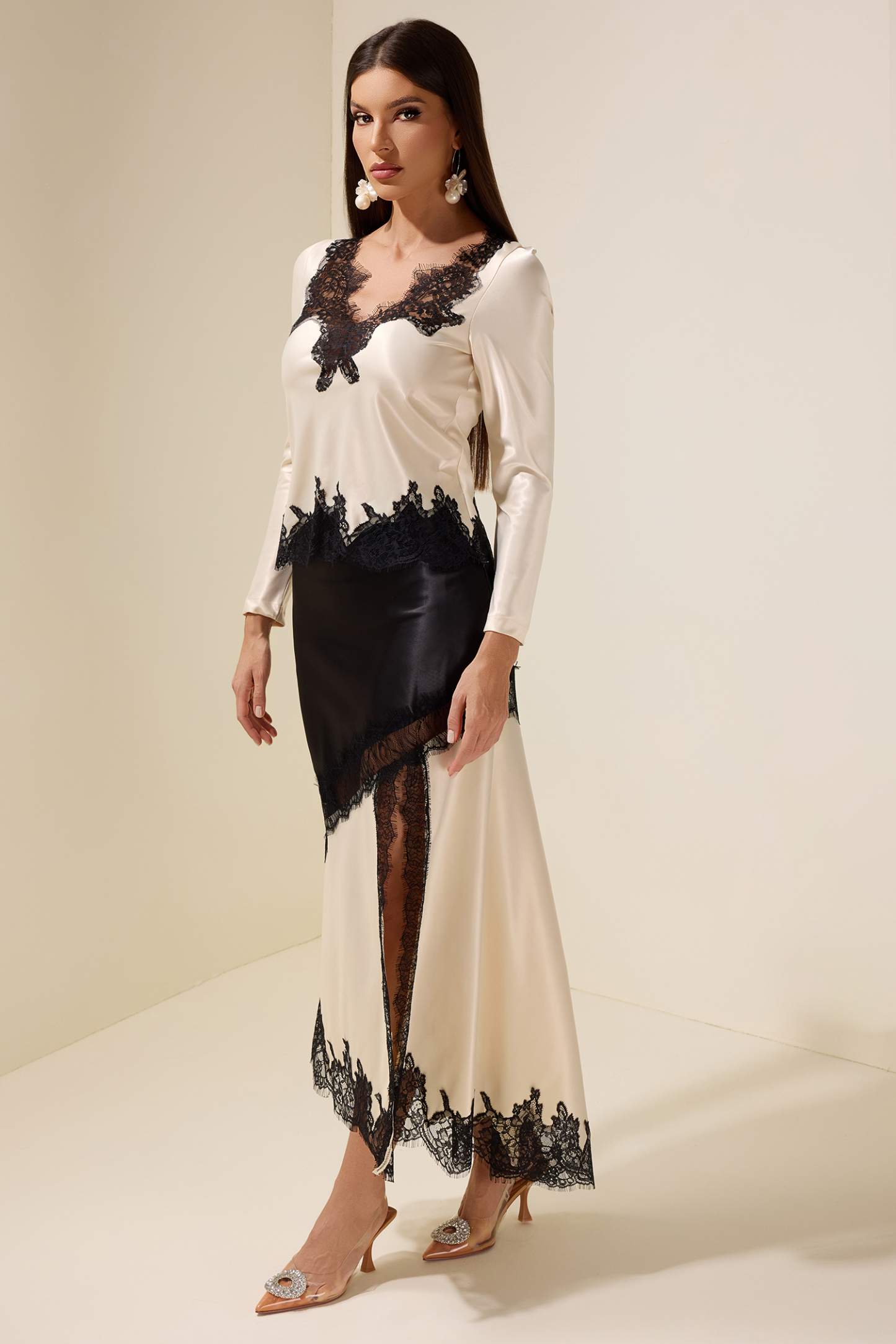 Lace Splicing Satin Top & High Waist Midi Skirt Set