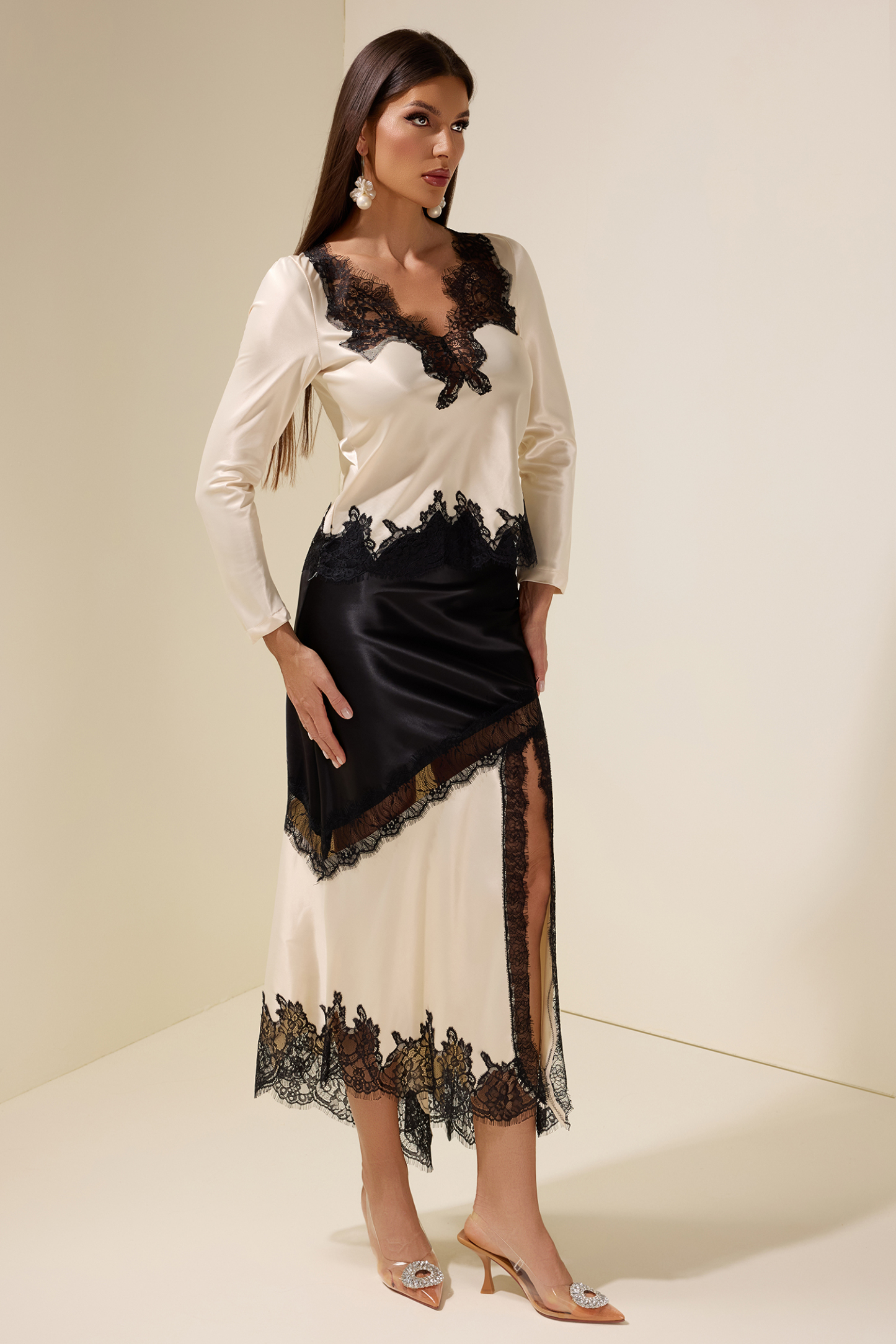 Lace Splicing Satin Top & High Waist Midi Skirt Set