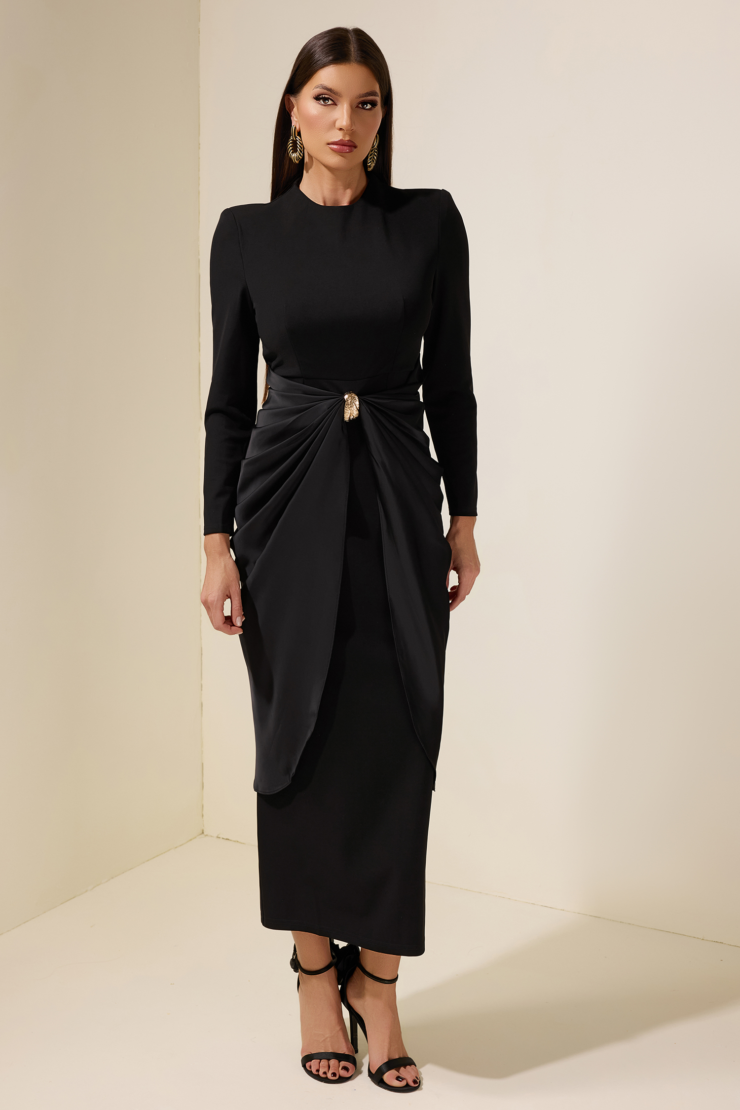 Satin Metal Decorations Long Sleeve Midi Dress