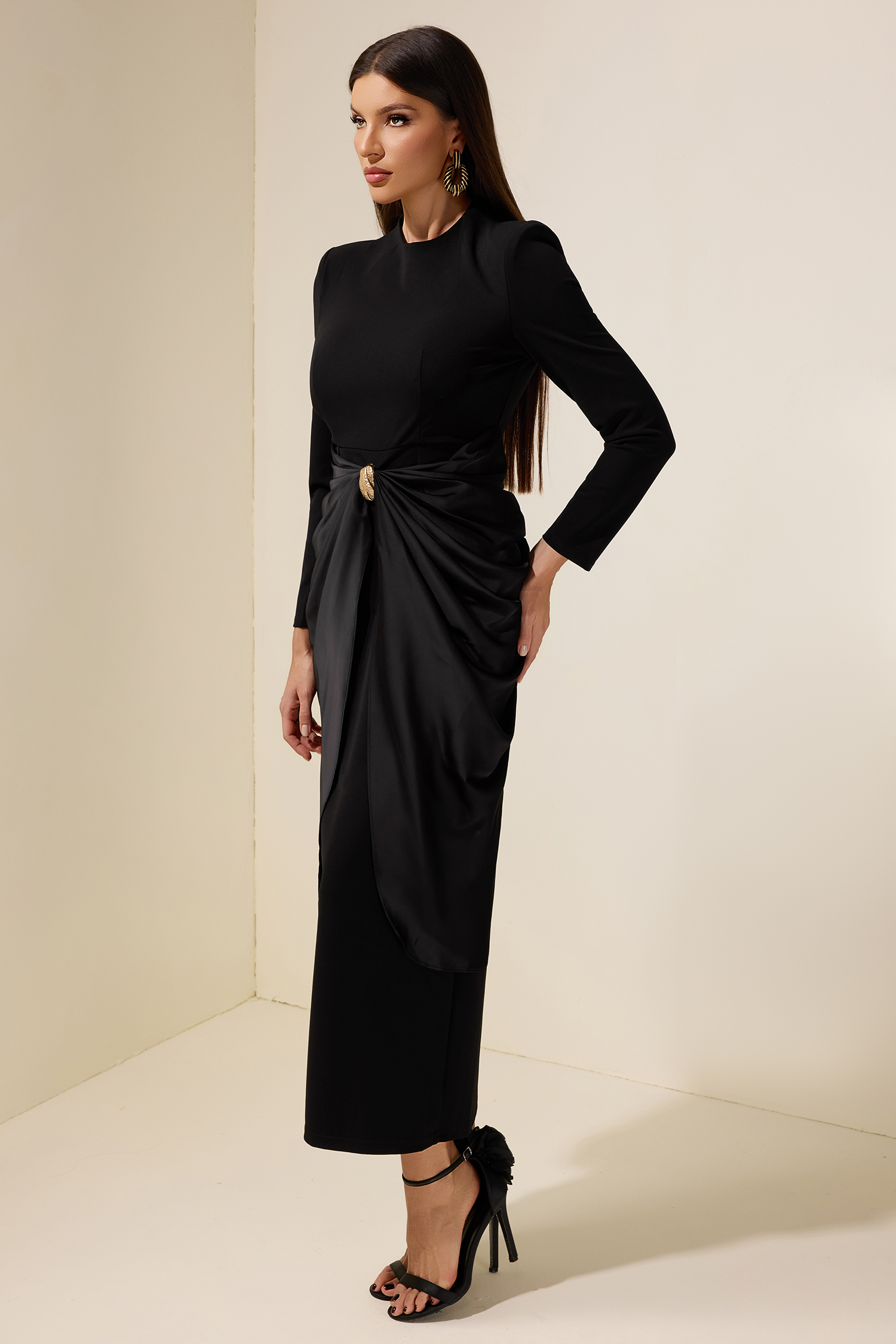 Satin Metal Decorations Long Sleeve Midi Dress